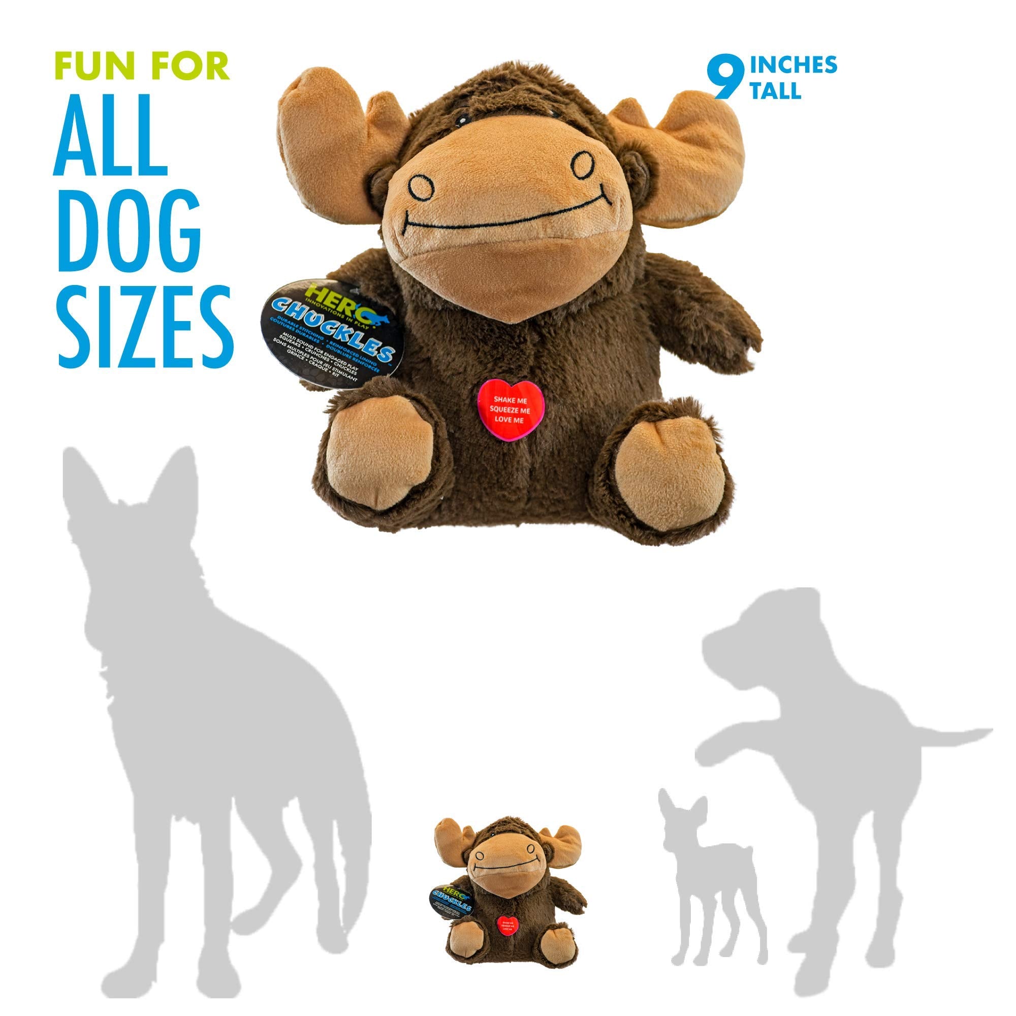 Hero Chuckles Moose, Plush Squeaky Dog Toy, Durable Stuffed Animal With 3 In 1 Squeaker