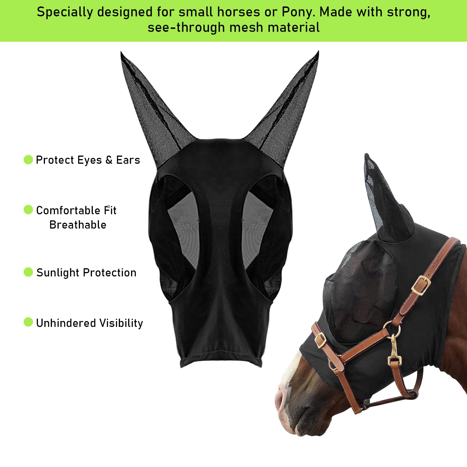 HUIKANGSHENG Horse Fly Mask with Ears Fit for Pony - Equine Fly Mask for Horses with Sunlight Protection, Large Eye Space with B