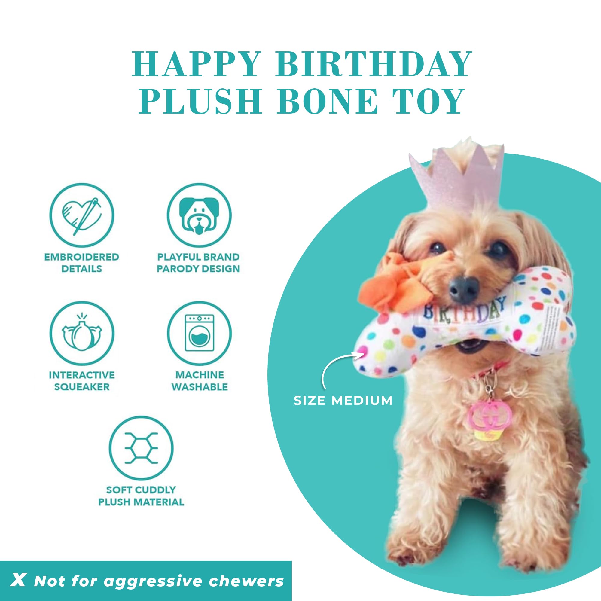 Haute Diggity Dog Happy Birthday Bone, Plush Designer Dog Toys With Interactive Squeaker, Stimulating Pet Enrichment, Machine-Wa