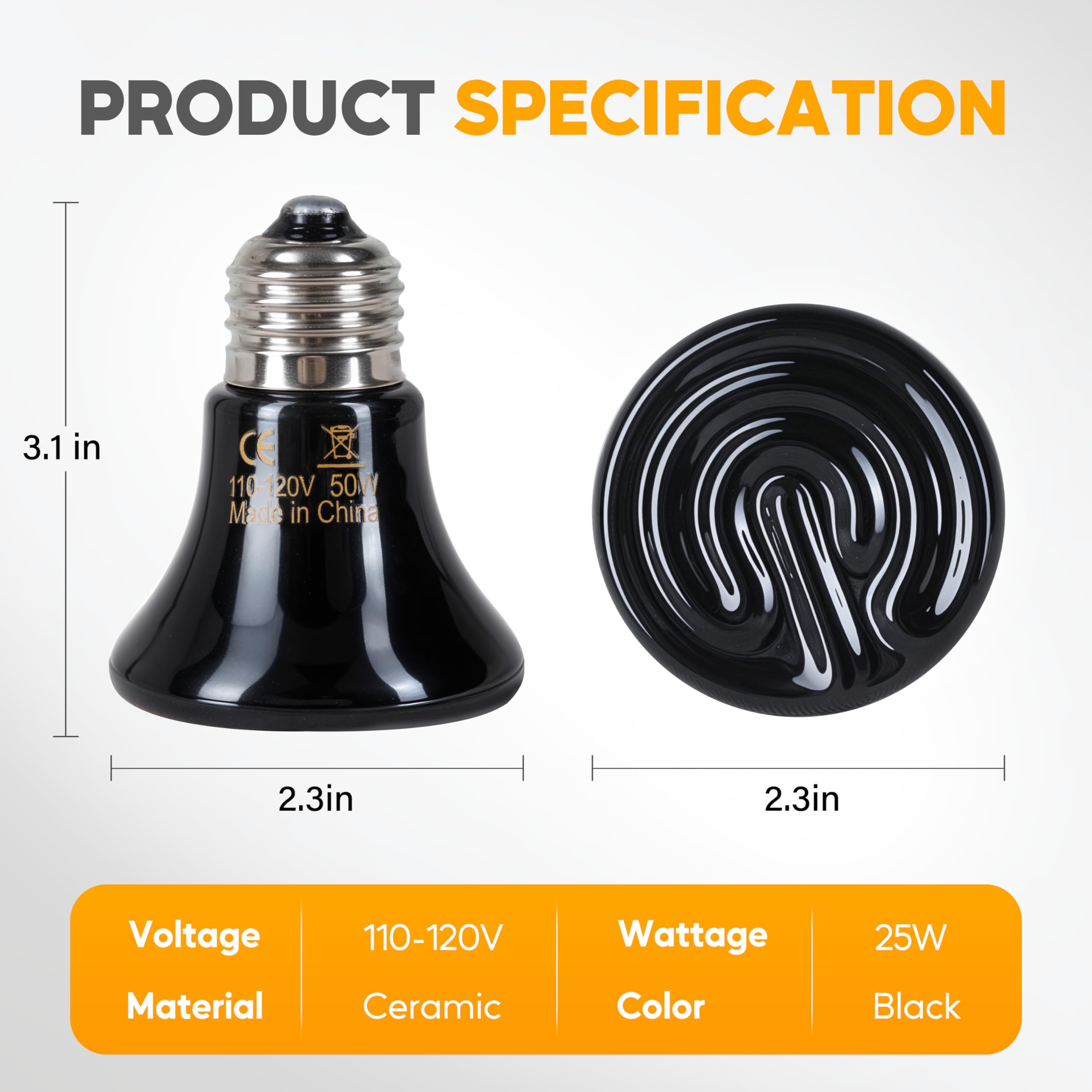 HealSmart 50W Mini Reptile Heat Lamp Ceramic Heat Emitter, No Light Emitting Heat Bulbs, Suitable for Snake/Lizard/Spider, Plant