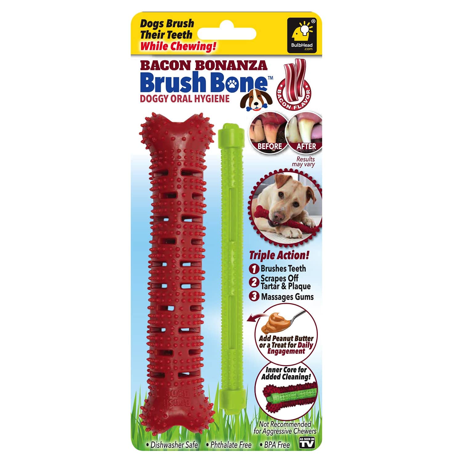 BulbHead Bonanza Bone Toothbrush, Infused with Real Bacon Flavor - Dogs Brush Chewing, Plaque and Tartar Remover for Teeth, Work