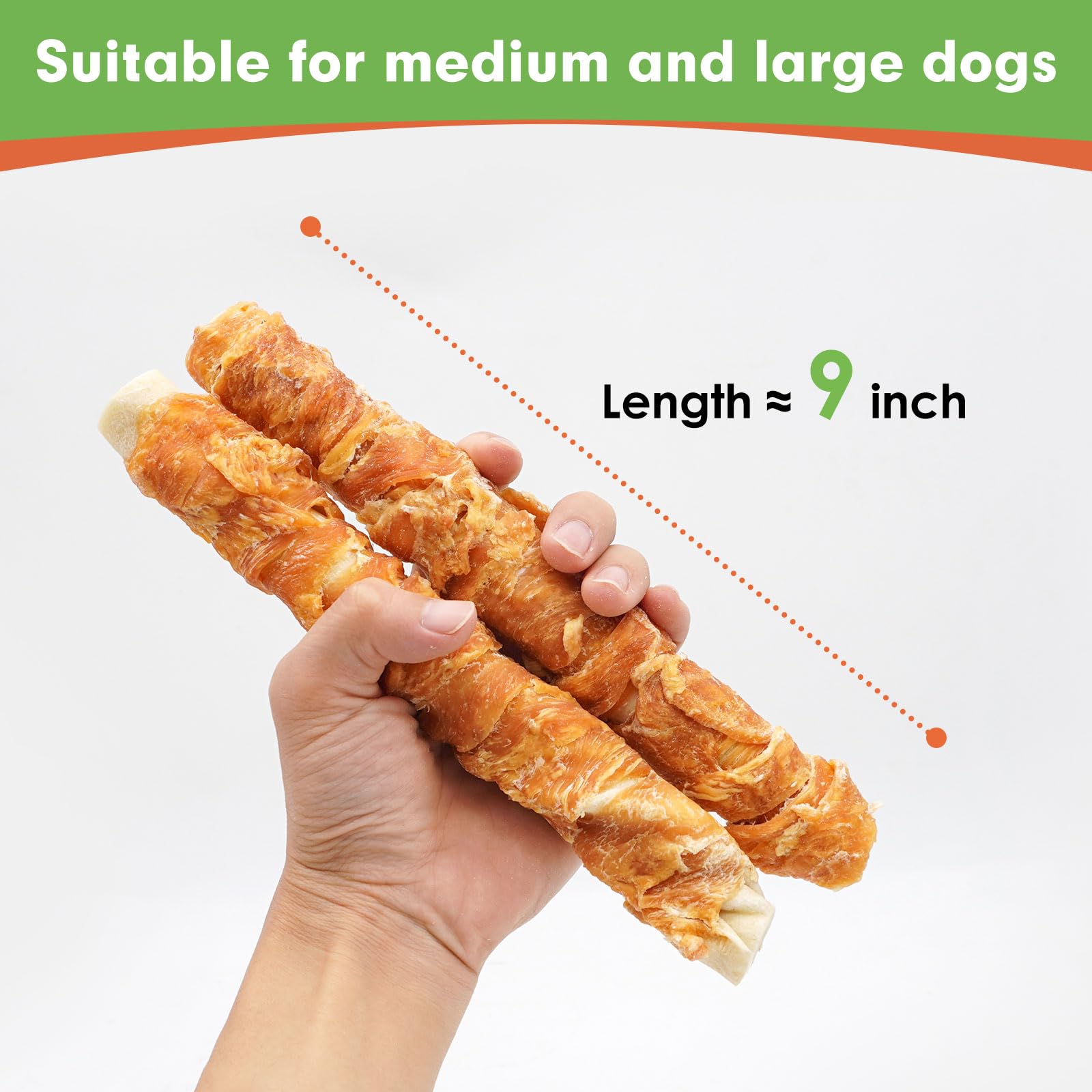 MON2SUN Dog Treats, 9 Inch Chicken Wrapped Rawhide Rolls Snacks, Teeth Cleaning and Long Lasting Chews for Medium and Large Dogs