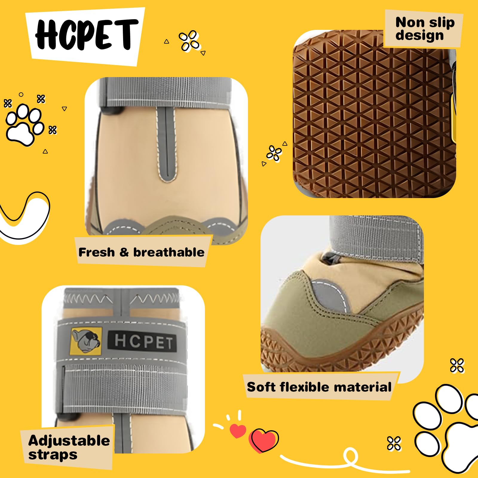 Hcpet Dog Shoes - Waterproof Booties for Large Dogs, Anti-Slip, Size 5, Khaki, Reflective Straps, Ideal for Hot Pavement & Winter Hiking