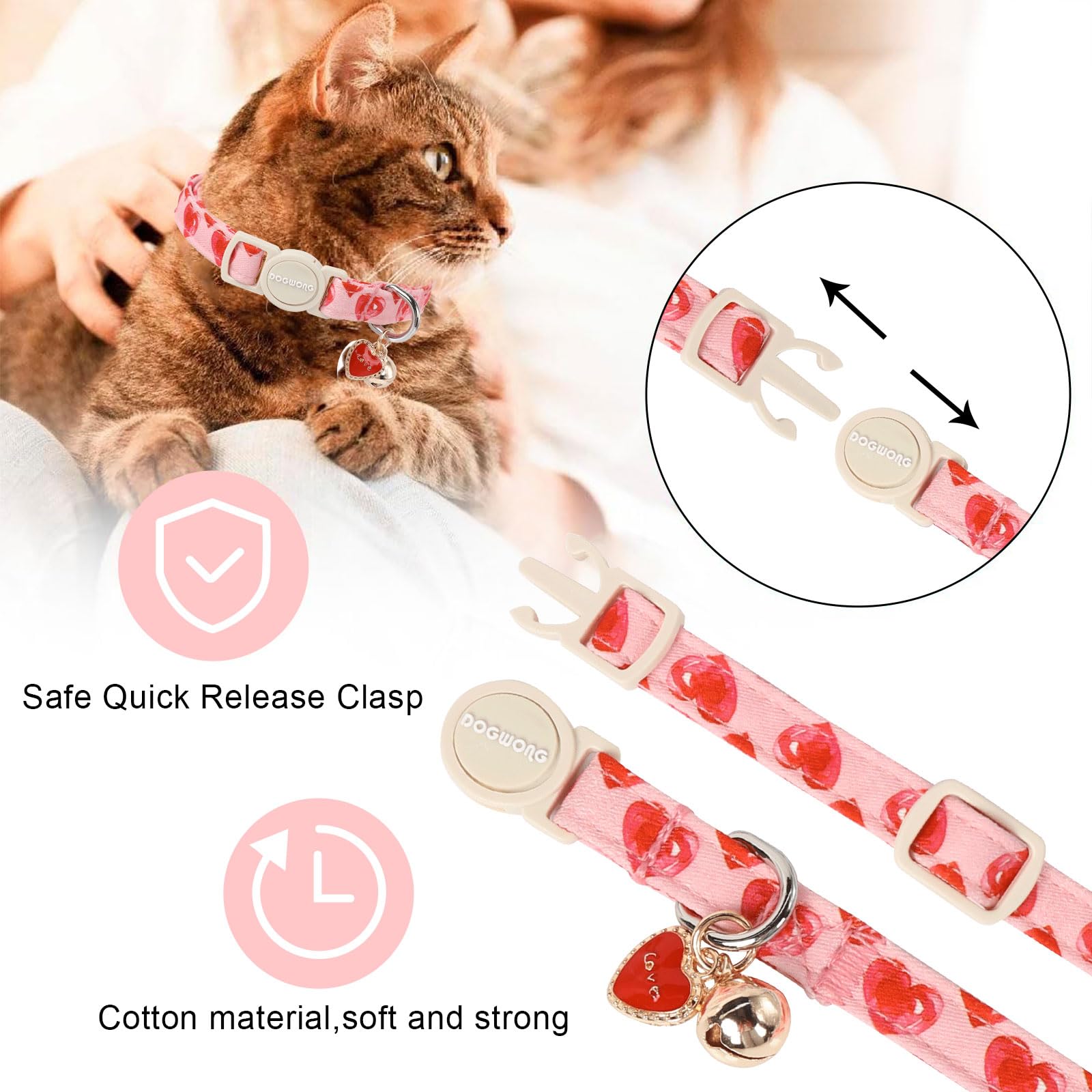 Cat Collar,2 Pack Cat Collars Breakaway With Bell, Dogwong Safety Buckle Valentine'S Day Cat Collar Pink Heart For Girl Boy Cats