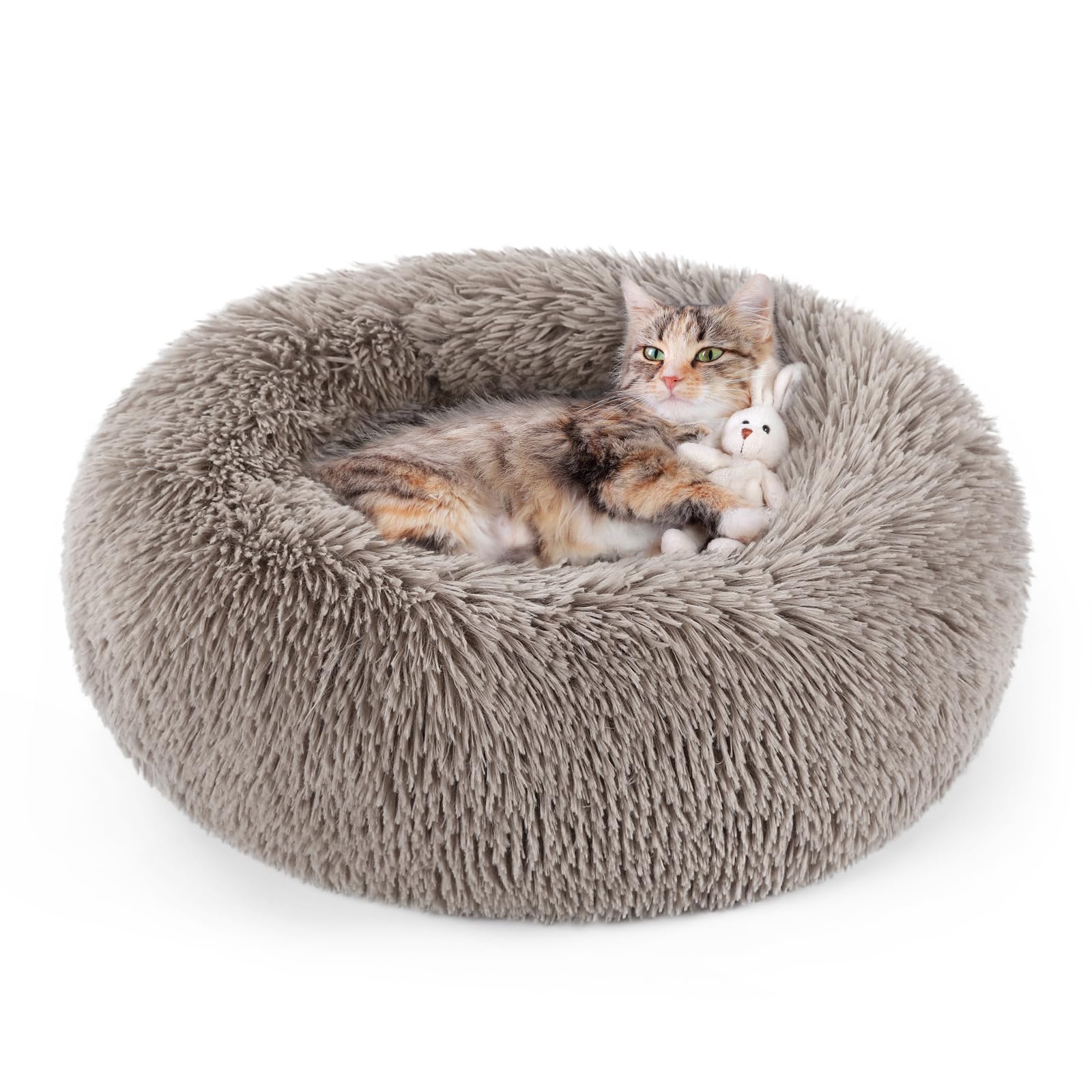Rabbitgoo Cat Beds For Indoor, 20 Inches Machine Washable, Fluffy Round Pet Bed Non-Slip, Calming Soft Plush Donut Cuddler Cushi