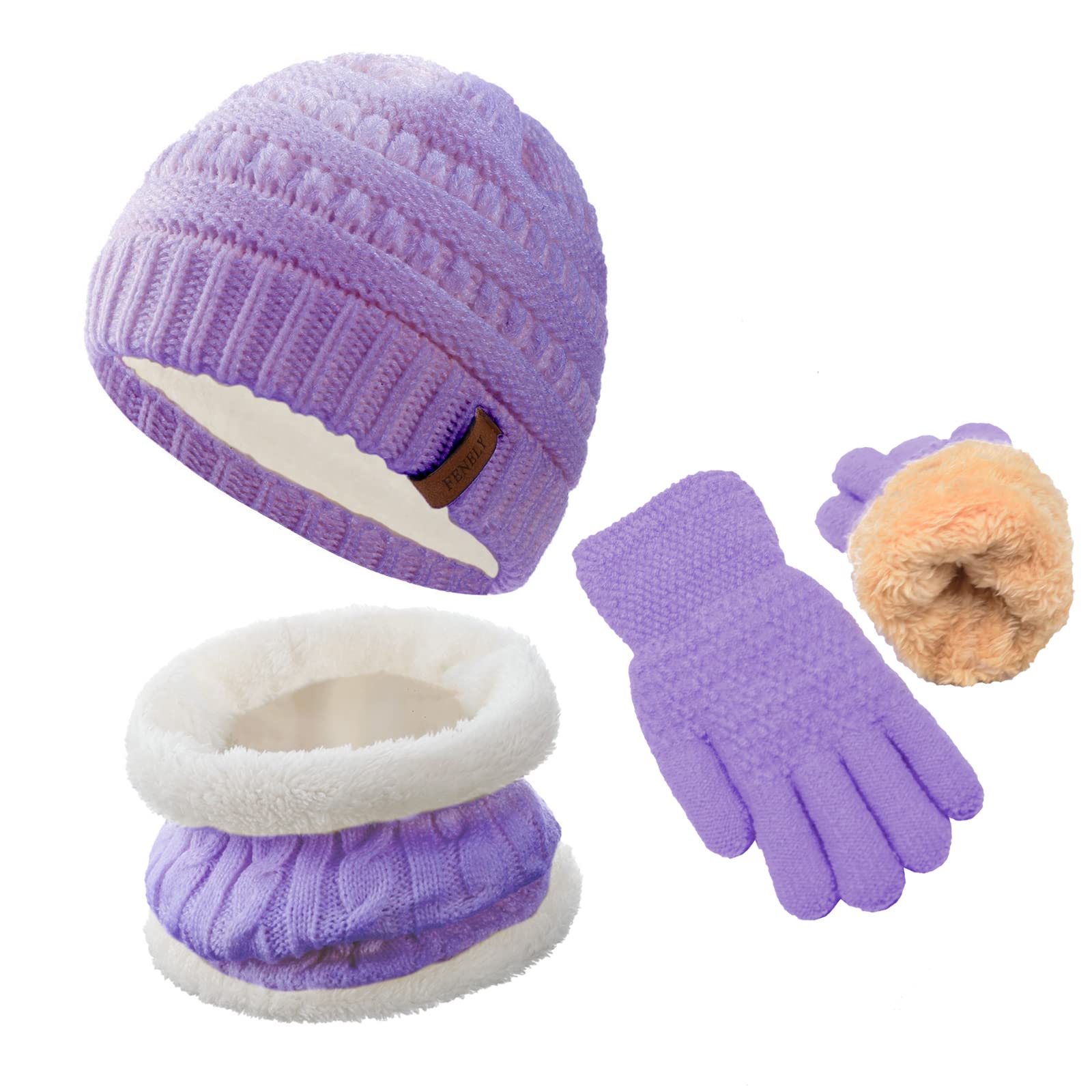 Girls Winter Hat Scarf Gloves Set For Cold Weather, Kids Beanie Hat Infinity Scarf Knitted Gloves Sets Purple Knit Thick Warm Fl