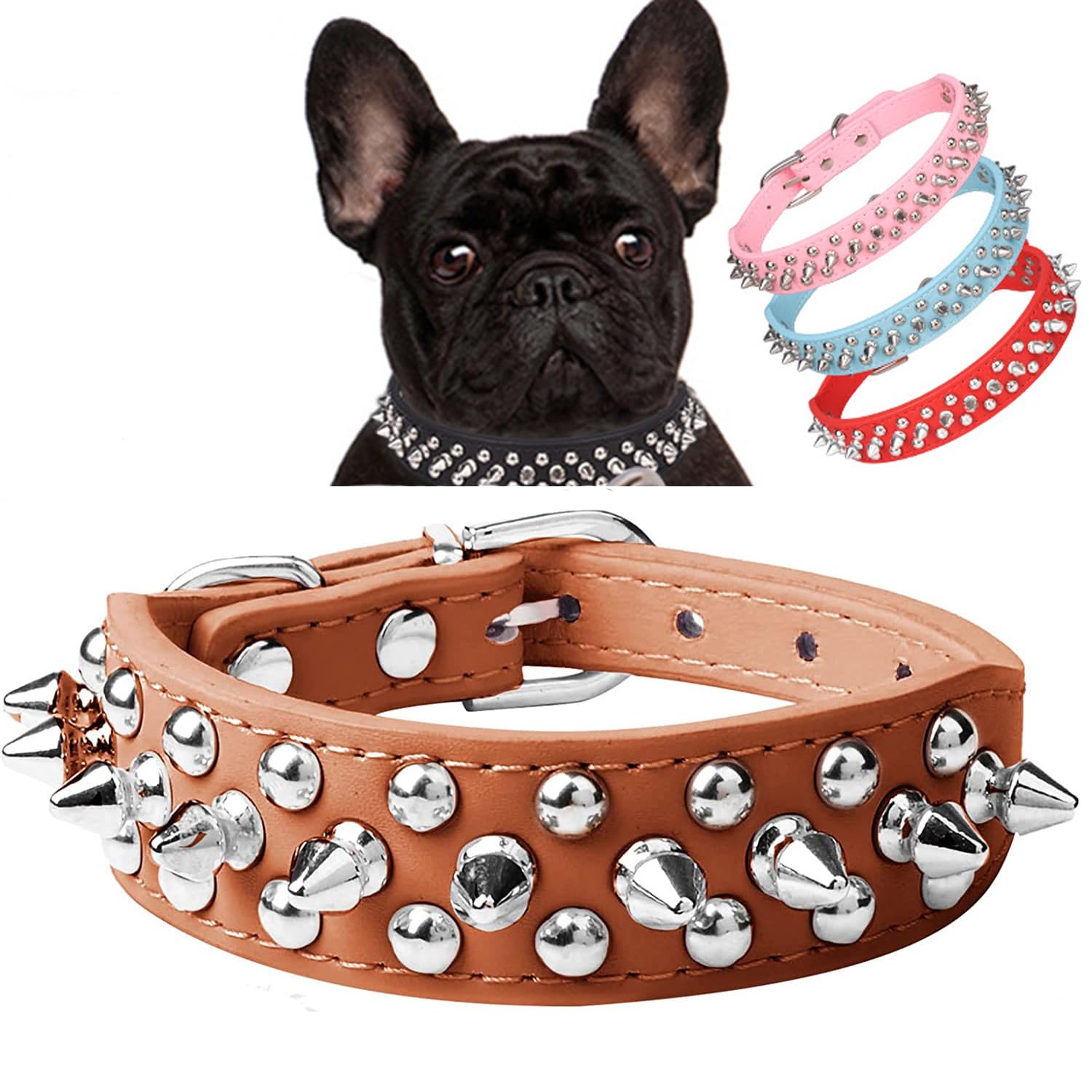 Serijoars Spiked Dog Collar Soft Pu Leather Mushrooms Rivet Spike Studded Dog Collar Adjustable Puppy Collars (S, Brown)