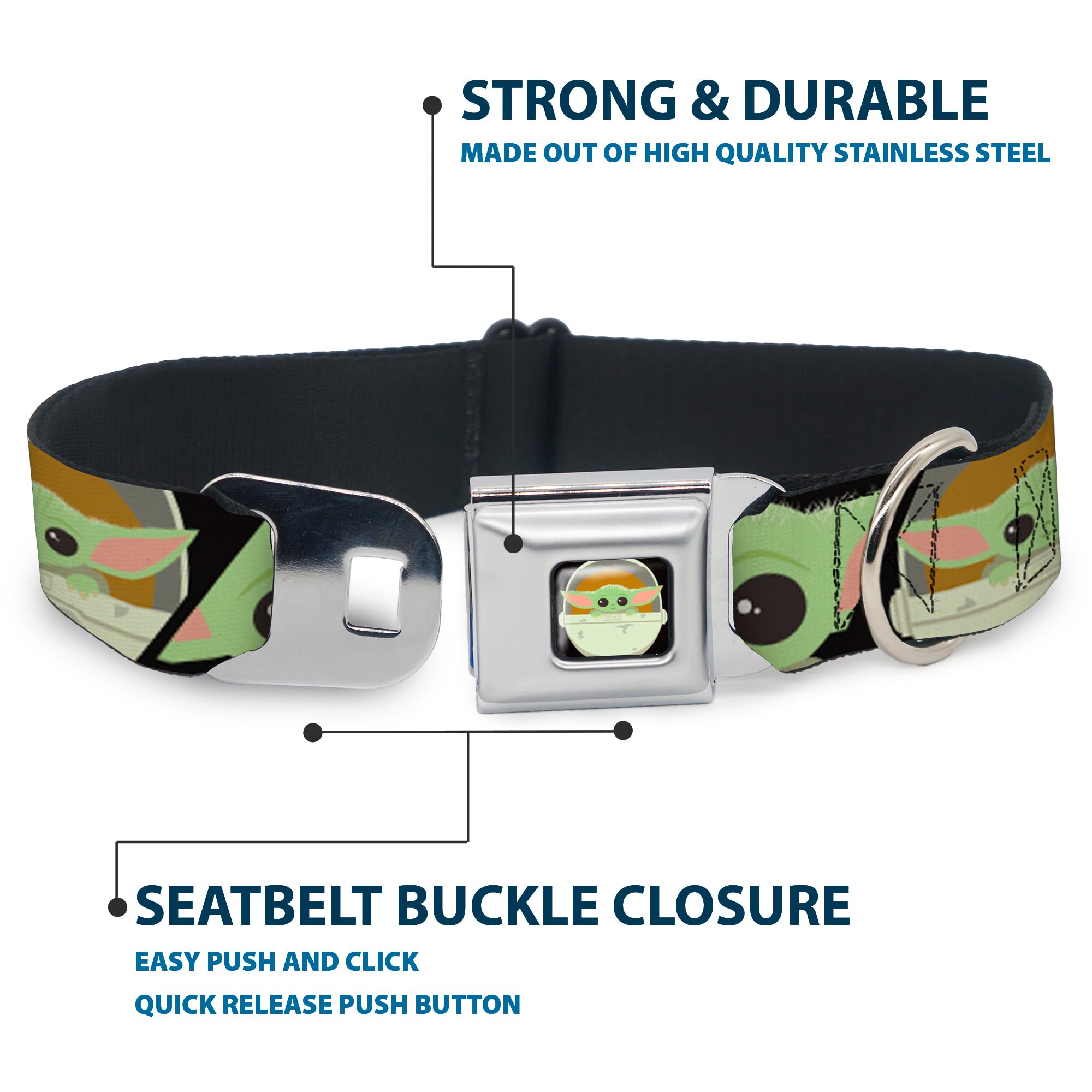 Buckle-Down Dog Collar Seatbelt Buckle Star Wars The Child Chibi Face Blocks Black 18 To 32 Inches 1.5 Inch Wide, (Dc-Sb-Swbgb-W