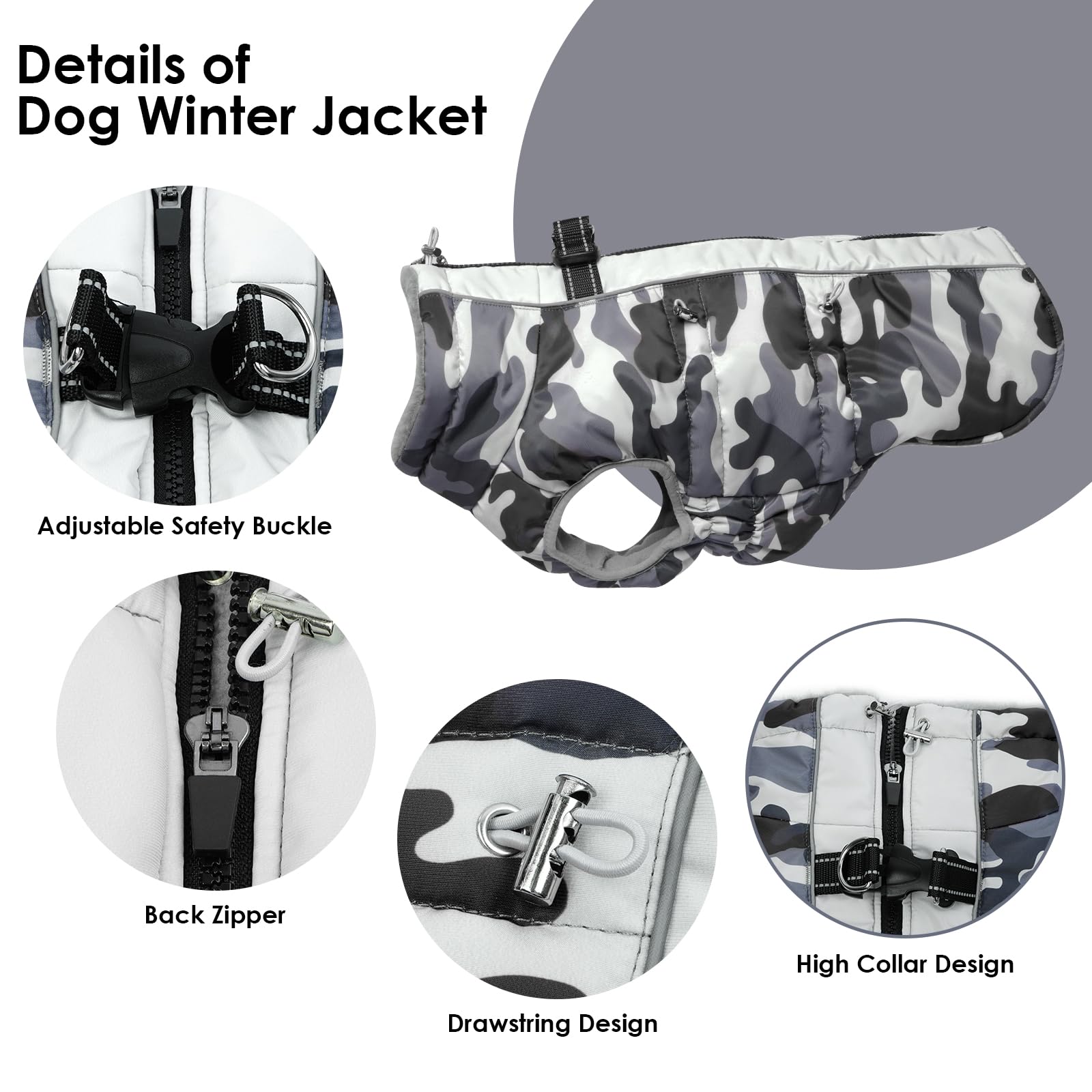 DawnPetco XS Winter Jacket, Dog Snowsuit Zip-Up Vest, Reflective Water-Resistant, Grey-Camouflage, for Chihuahua, Teacup & Puppy