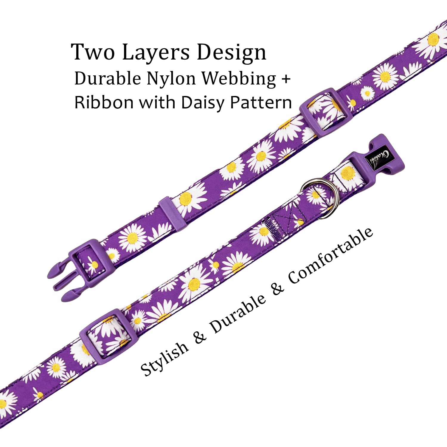 Olahibi Dog Collar Leash Set, Floral Pattern, Nylon Webbing Plus Cotton Ribbon, 5Ft Matching Leash, For Medium Dogs.(M, Purple D