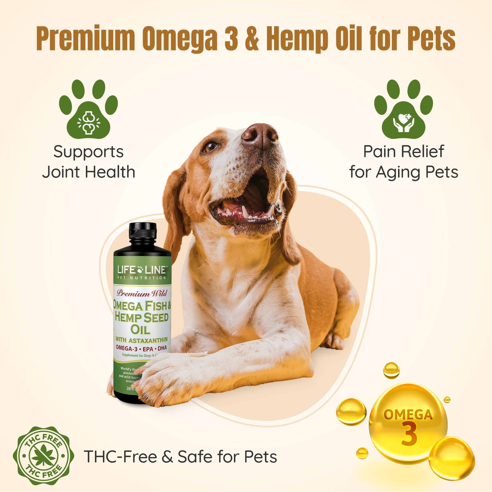 Life Line Pet Nutrition Omega Fish & Hemp Seed Oil - Omega 3 Supplement for Improved Skin, Coat and Joint Health, 26 Fl Oz