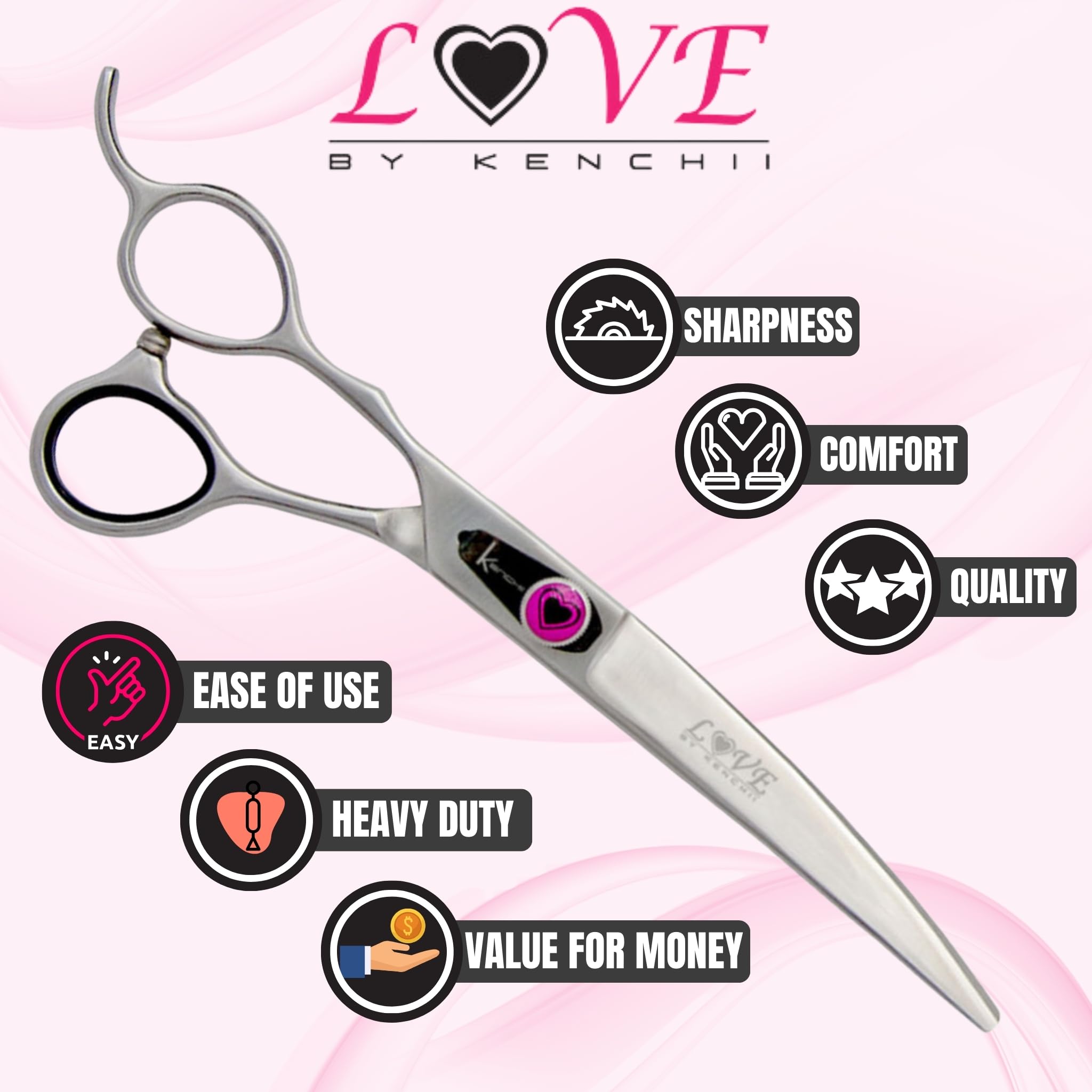 Kenchii Left Handed Dog Grooming Scissors | 7 Inch Shears | Curved Scissors For Dog Grooming | Love Collection Dog Shears | Pet Grooming Accessories | Pet Hair Trimming Scissor