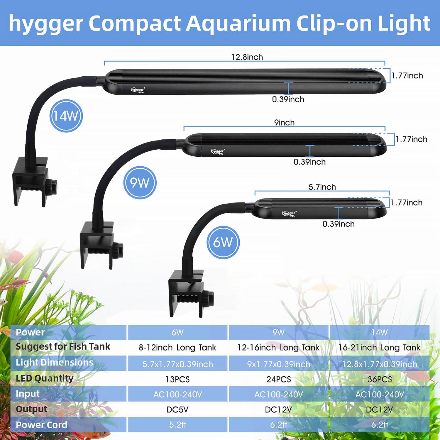 Hygger 0.5~5 Gallon Nano Tank Mini Clip-On Aquarium Light With White Blue Red Leds Fish Tank Lighting Built-In Timer 5 Brightness Levels 6W With Usb Port (Include Power Plug)