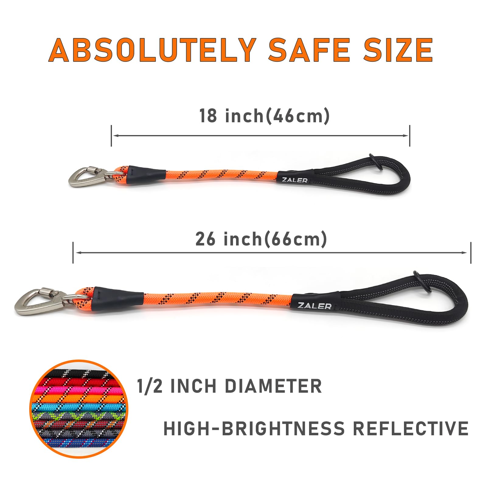 Zaler Short Dog Leash, 26 Inches Rope Traffic Leashes For Dogs, Reflective Dog Lead With O-Ring, Heavy Duty Pet Leash For Large And Medium Dogs (26'' Orange)