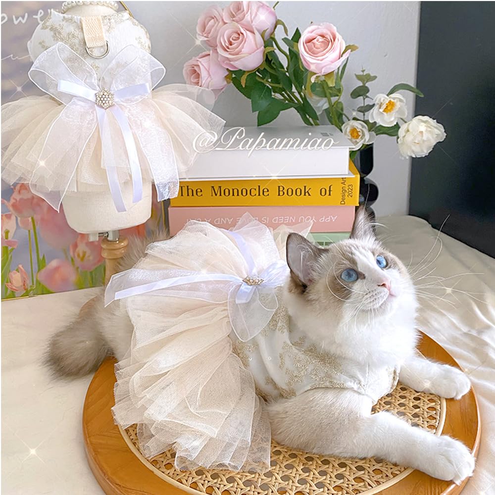 Anelekor Fancy Dog Dresses With Leash Ring, Embroidered Dog Wedding Dress, Bow Puppy Clothes For Small Pet Girl Multi-Layer Lace