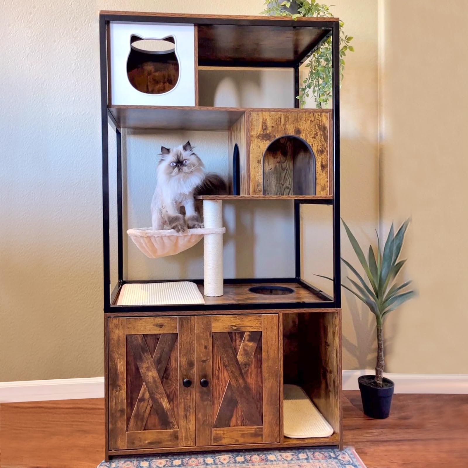 Cat Litter Box Furniture Enclosure 4 Levels Cat Tree Hidden Cabinet With Storage And Scratch,4 Tiers