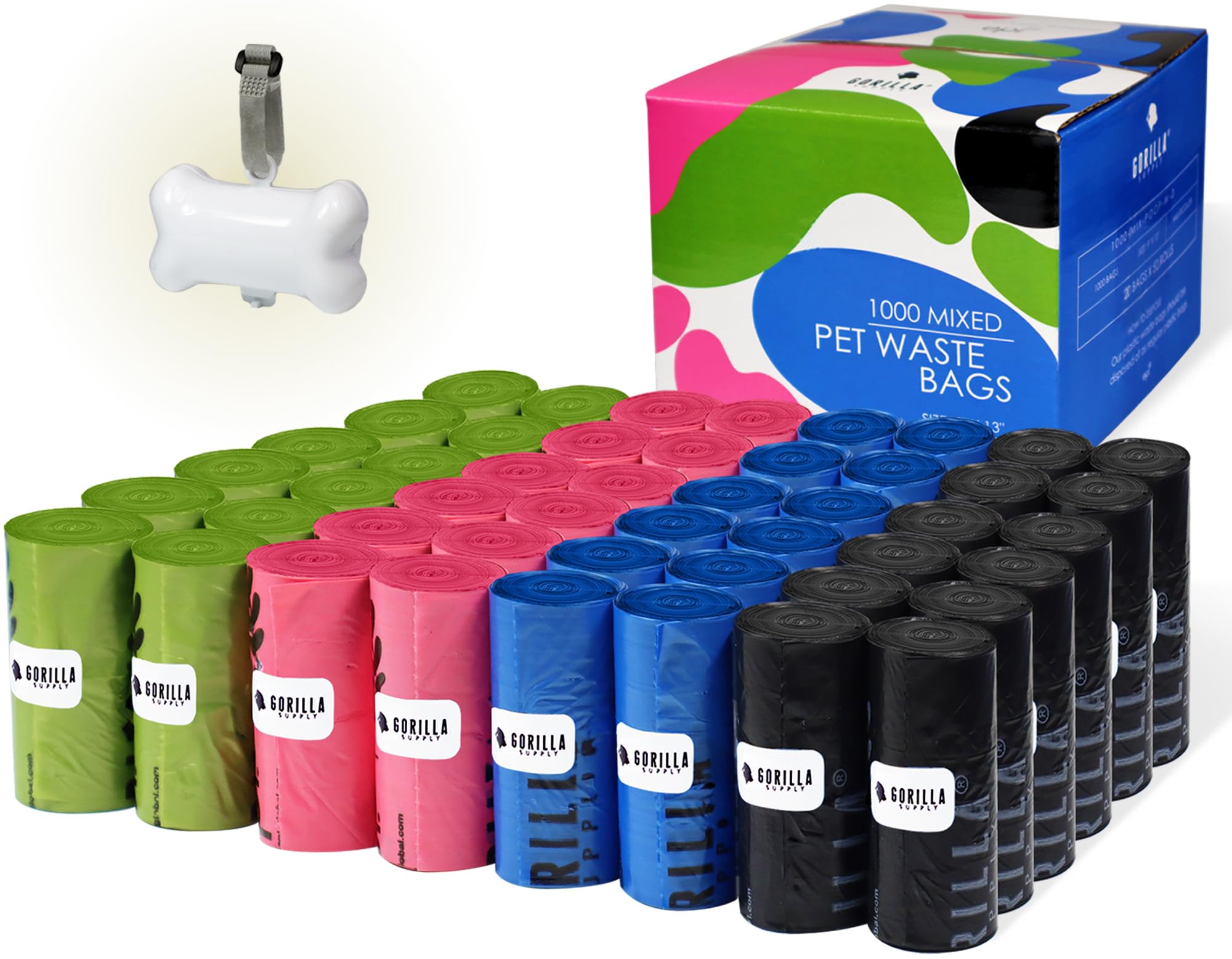 Gorilla Supply 1000 Multicolor Poop Bags For Dogs With Dispenser And Leash Tie, 9' X 13', Mixed