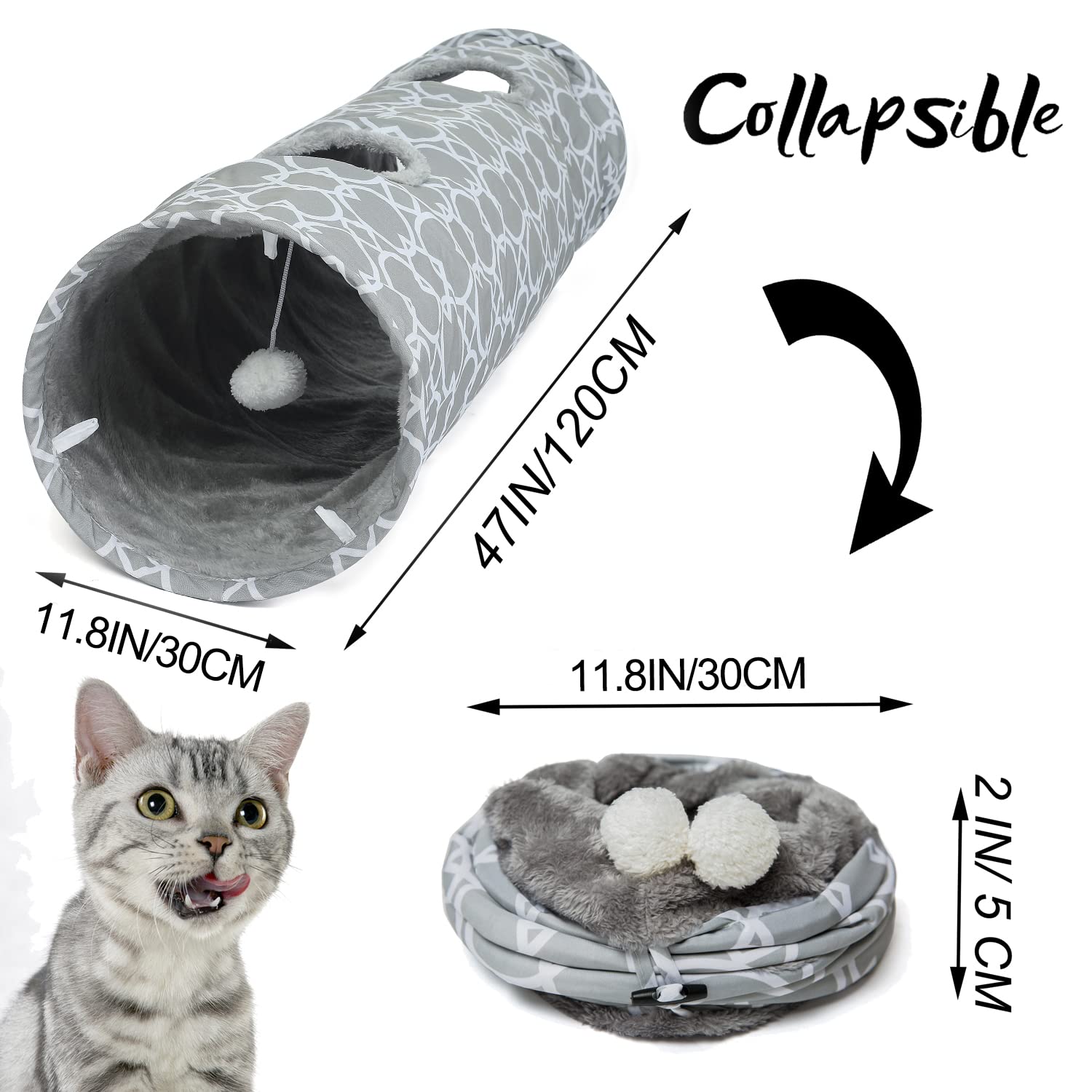 Luckitty Geometric Straight Cat Tunnel With Plush Inside,Cats Toys Collapsible Tunnel Tube With Balls, For Rabbits, Kittens, Ferrets,Puppy And Dogs,Diameter 11.8 Inch