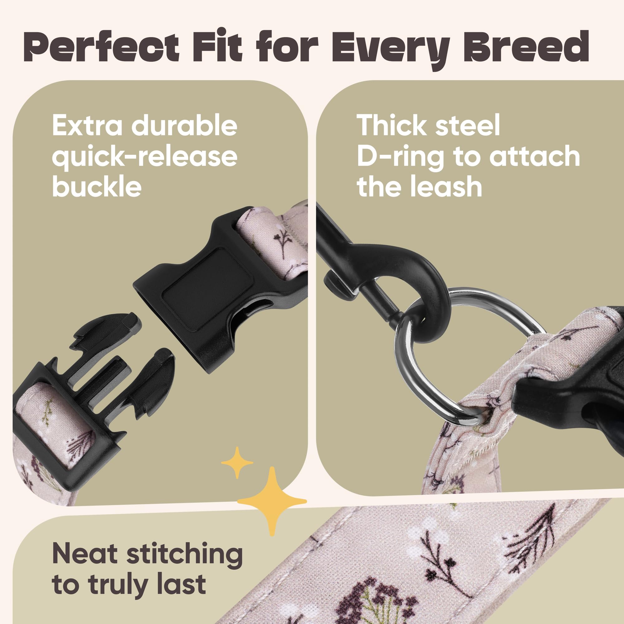 Dog Collar For Medium & Large Dogs - Flowers Cotton Padded Pattern On Long Lasting, Adjustable, Strong And Durable Collars - Cho