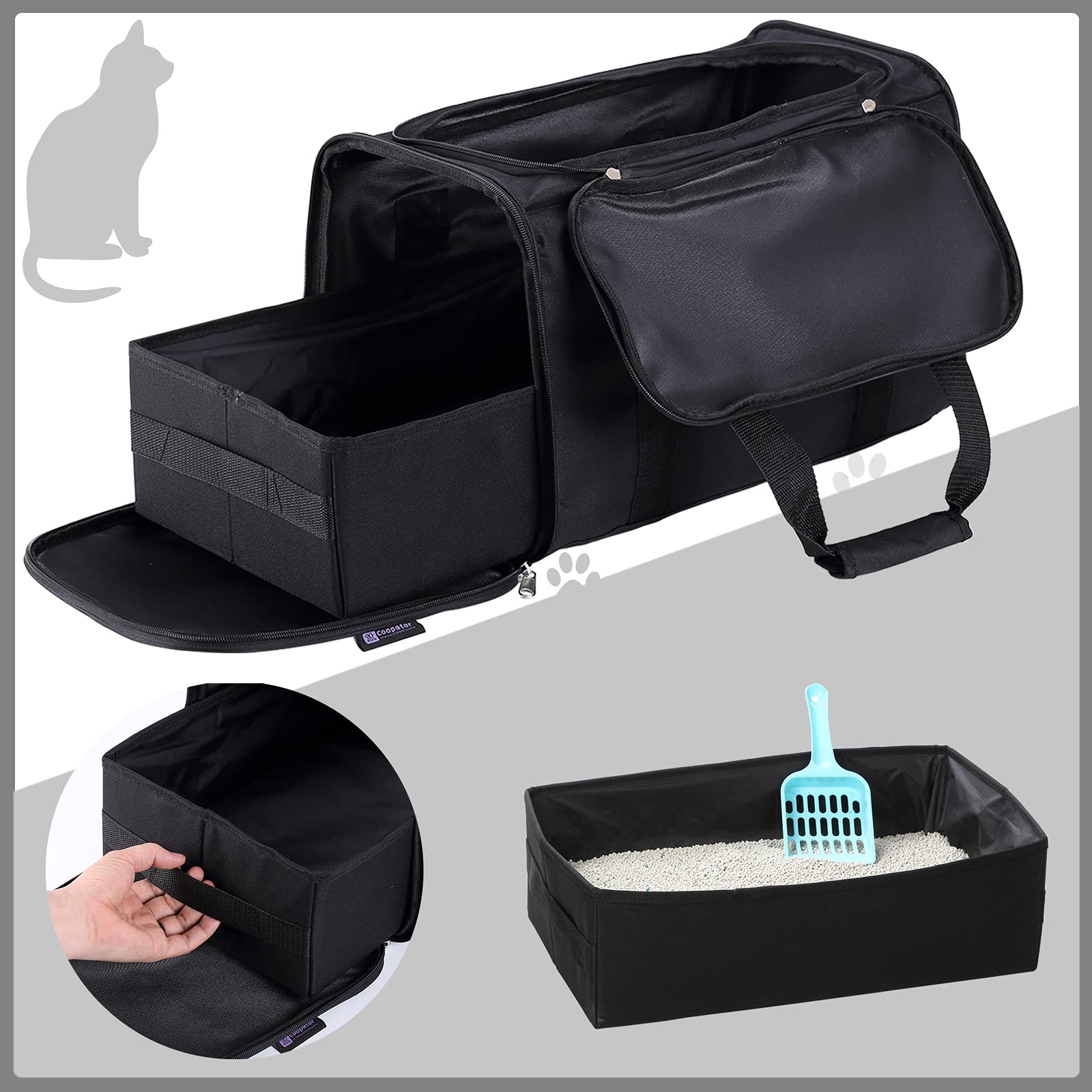 Portable Cat Litter Box Black,2In 1 Travel Litter Box,Cat Litter Box For Travel,Foldable Cat Travel Litter Box Light Weight 1