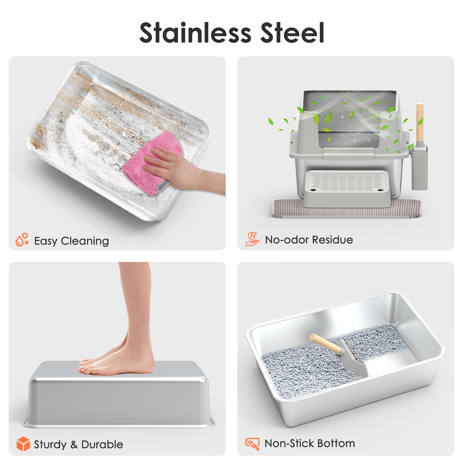 Suitchi Stainless Steel Cat Litter Box,Xl High Sided Cat Litter Box With Poop Scooper/Footboard/Mat (Light Gray)