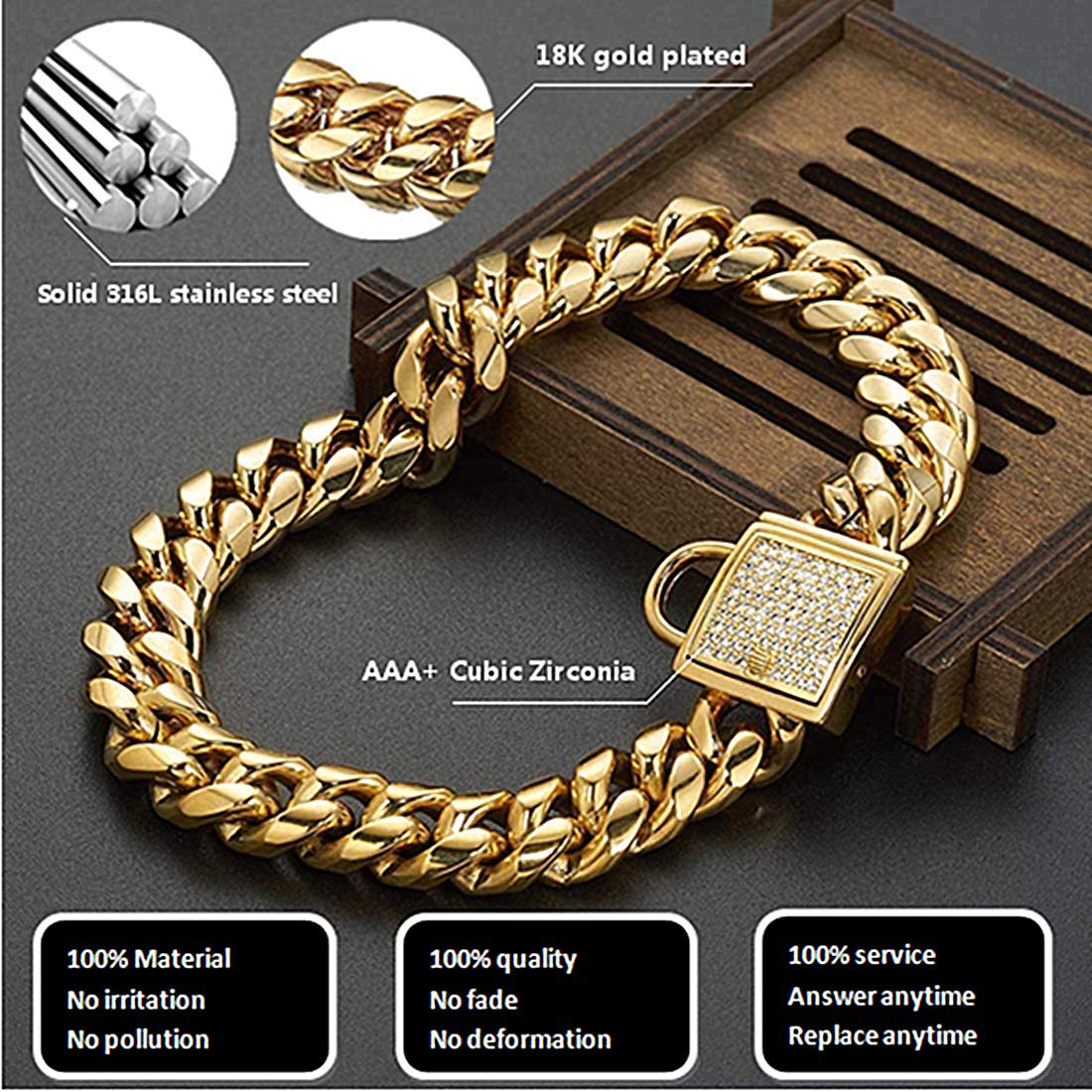 Aiyidi Gold Dog Chain Collar Stainless Steel With Zirconia Lock Luxury Dog Necklace 14Mm Heavy Duty Cuban Chain Collar For Small