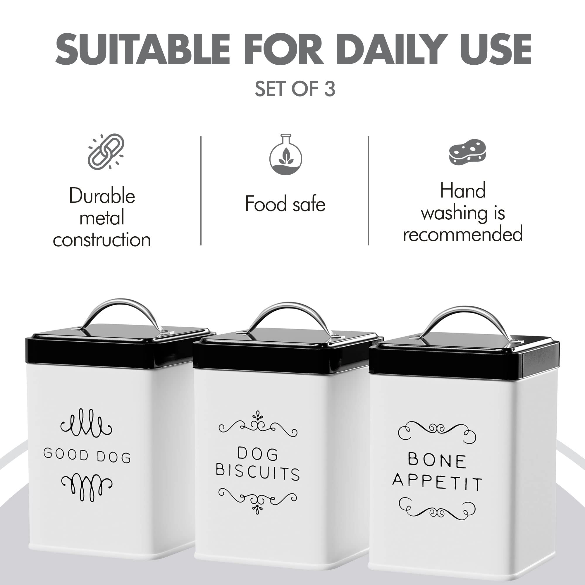 Amici Home Pet Treat Storage Collection, Metal Storage White Canister, 36 Fluid Ounce Capacity, Black Push Top Lid - Set of 3