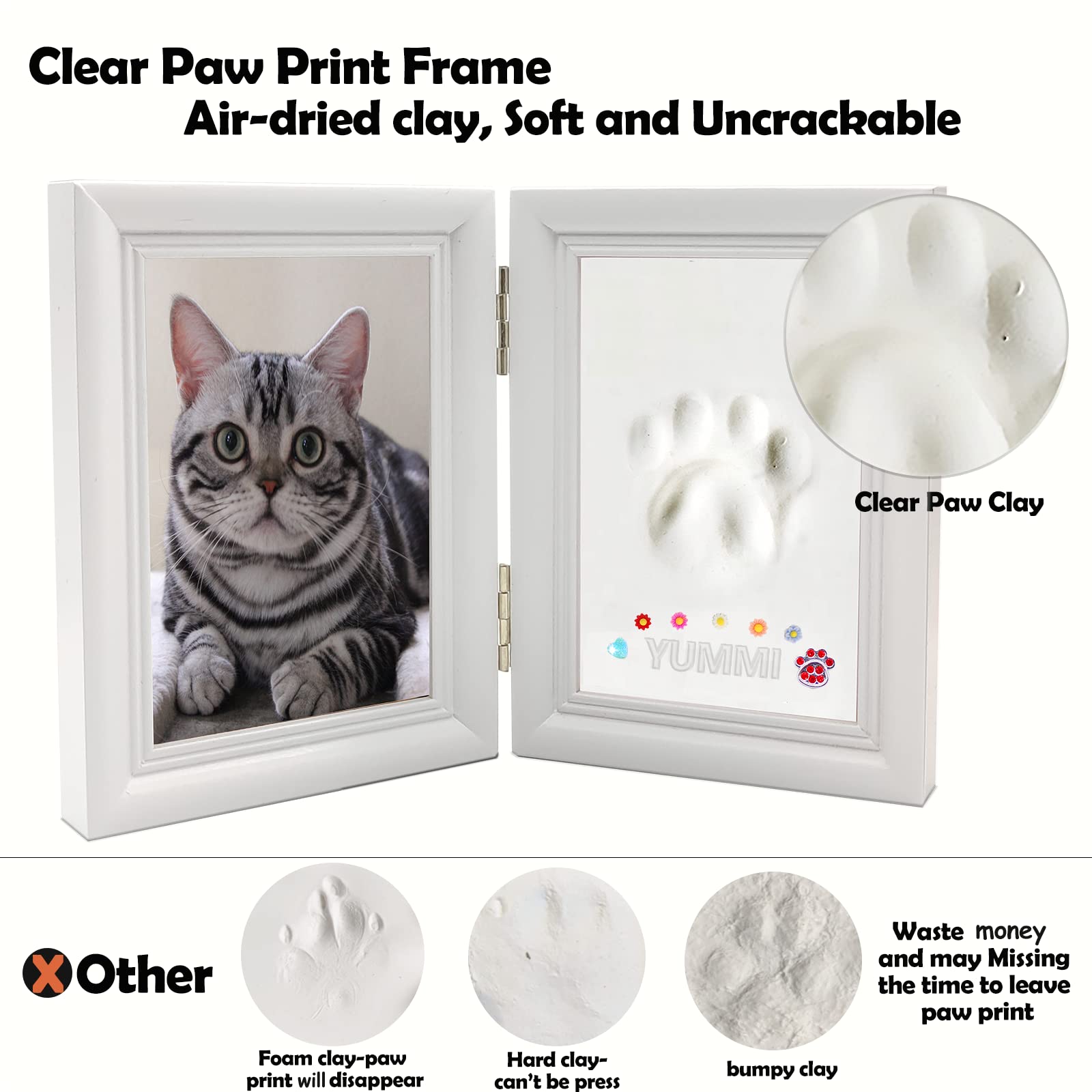 MYPAWLETS Dog or Cat Paw Print Kit with Trinkets,Pet paw Print Impression kit with 2 Clay,Wooden Dog Picture Frame,Personalized