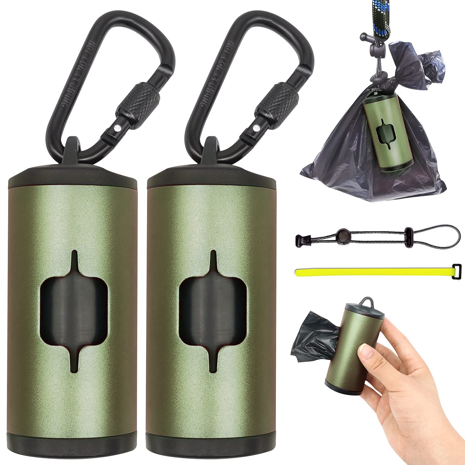 Shaouman 2 Pack Metal Dog Poop Bags Holder Aluminum Poo Bags Dispenser With 30 Black Unscented Pet Waste Bags And 3 Leash Accessories For Dog Walking(2 Holders 30 Bags,Dark Green)