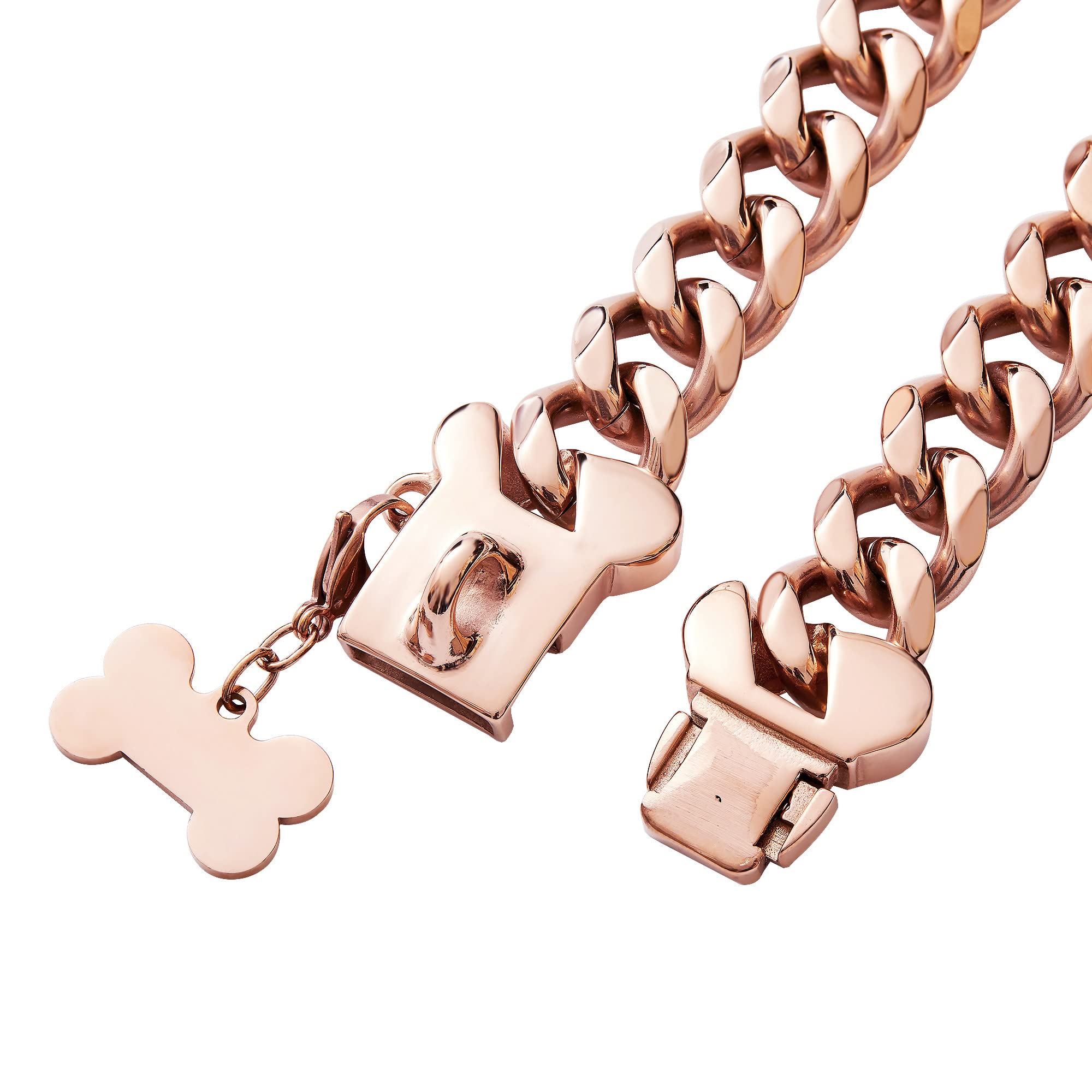 Rose Gold Stainless Steel Cuban Link Heavy Duty Dog Collar Necklace ,Small Dogs American Bully French Bulldog Dog Collar With Sa