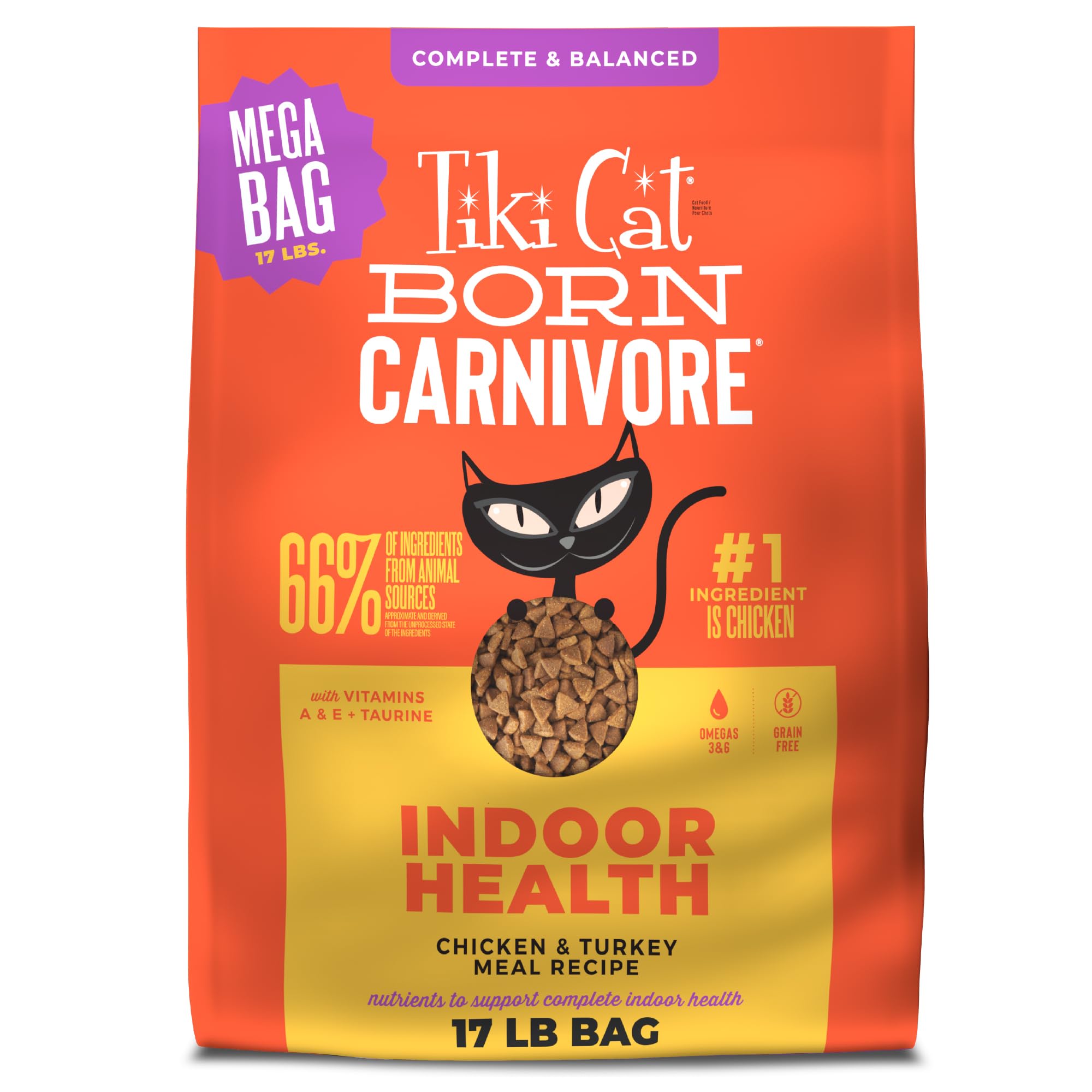 Tiki Cat Born Carnivore Indoor Health Chicken & Turkey Meal, Dry Cat Food for Adult Cats, 17 lbs. Mega Bag