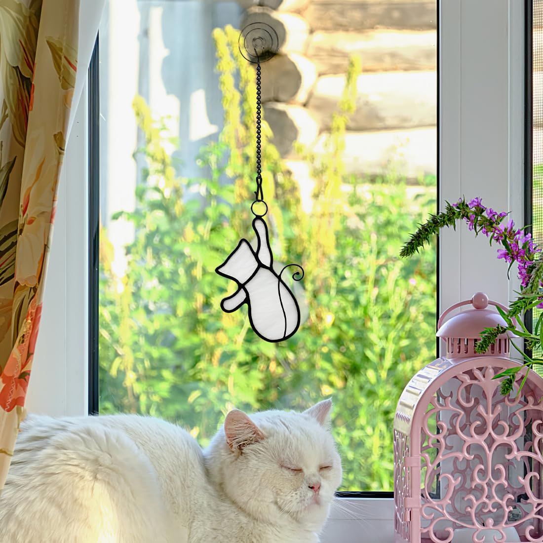Boxcasa White Cat Decor Stained Glass Window Hanging, Funny Gifts For Cat Lovers, Suncatchers, Themed Decoration For Living Room