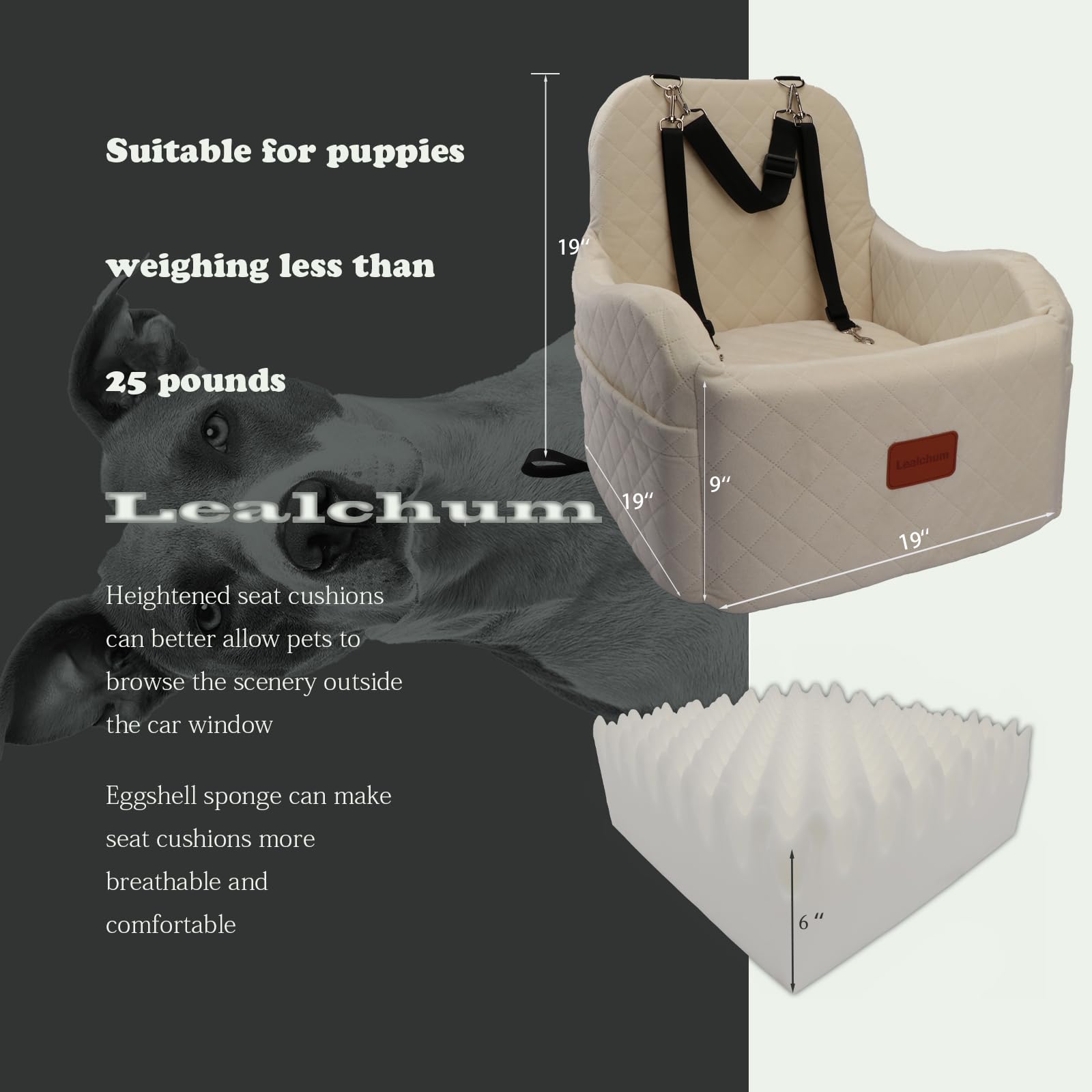 Lealchum Dog Booster Car Seat, Ultra Soft Memory Foam, Medium, Beige, Model LESFT01, Anti-Slip Base, Fully Washable