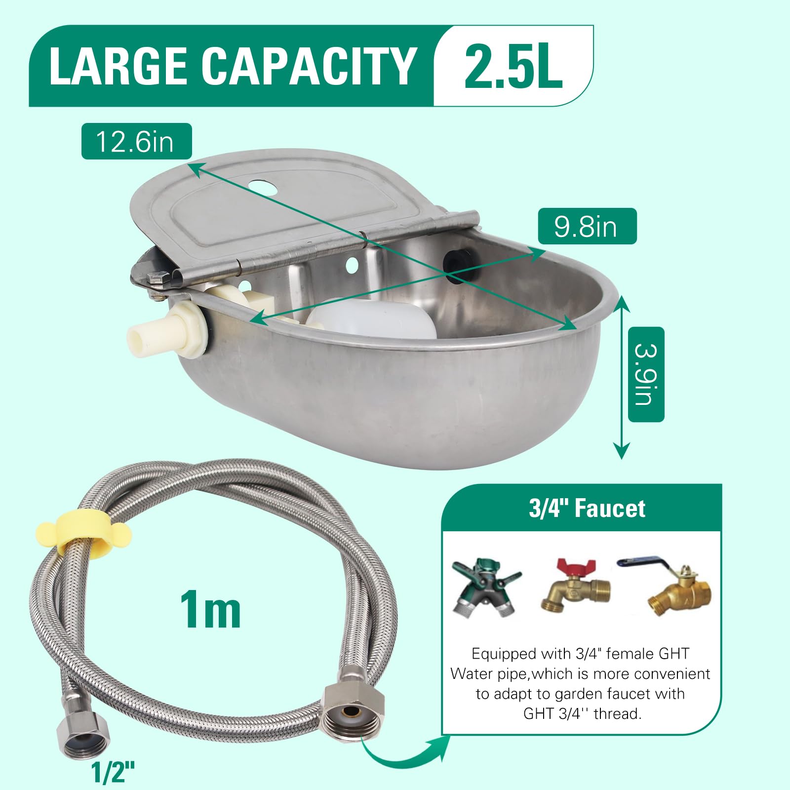 304 Stainless Steel Automatic Livestock Waterer with Float Valve and 39 inch Water Hose(one end 3/4), Automatic Animal Water B