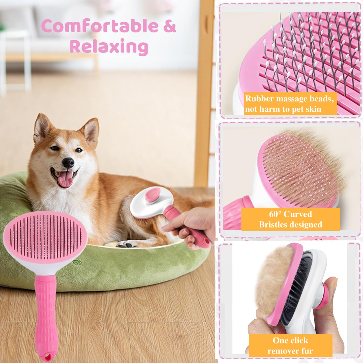 Qubccum 7 Pcs Cat Dog Brush Grooming Kits, Self-Cleaning Slicker Brush, Pet Nail Clipper And File, Flea Comb, Pet Shampoo Bath B