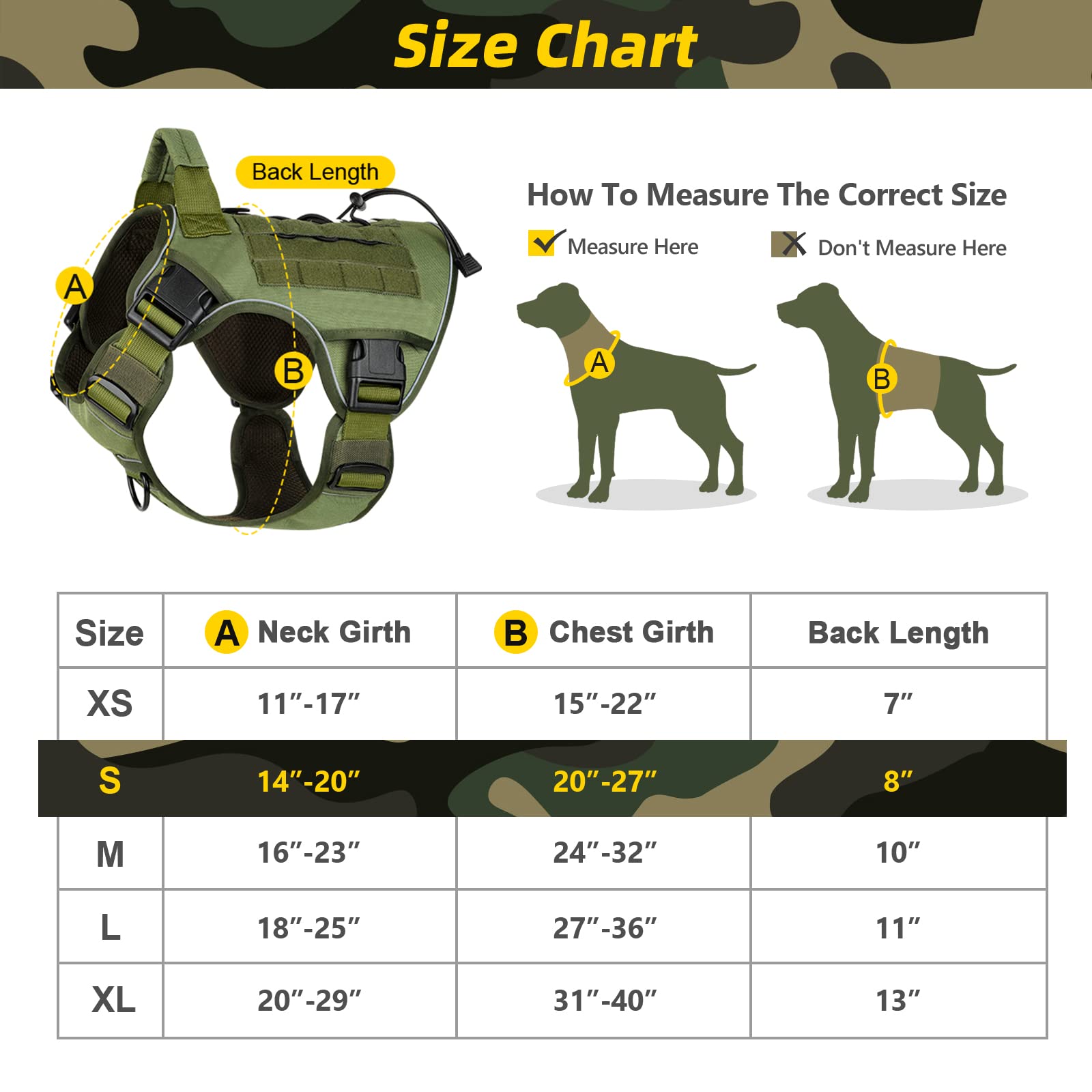 Wingoin Green Tactical Dog Harness Vest For Small Dogs No Pull Adjustable Reflective K9 Military Dog Service Dog Harnesses With Handle For Walking, Hiking, Training(S)