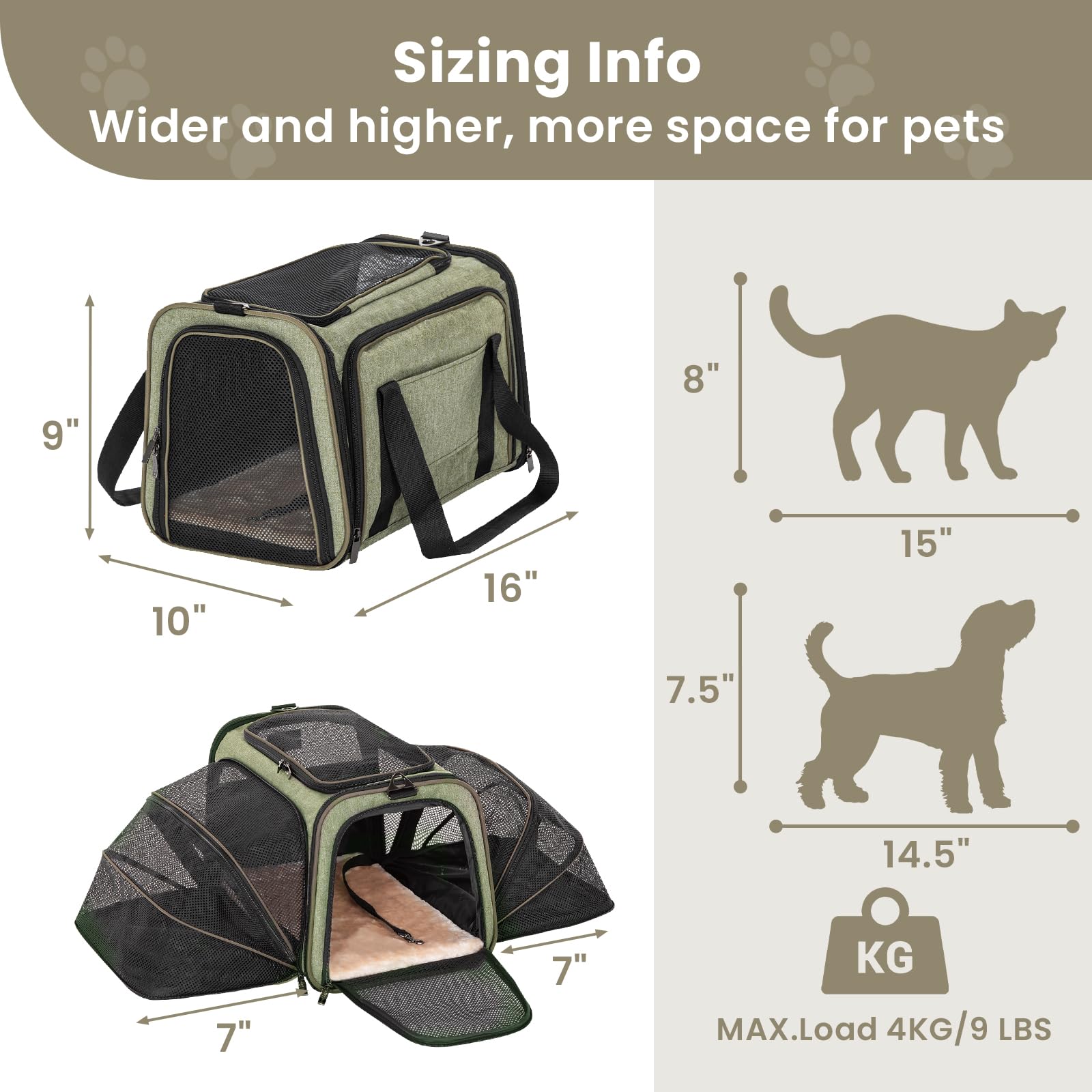 Petsfit 16 Expandable Rabbit Carrier - Airline Approved, Green, Soft Washable Cushion, Self-Locking Zipper, Built-in Safety Rope, Travel Friendly