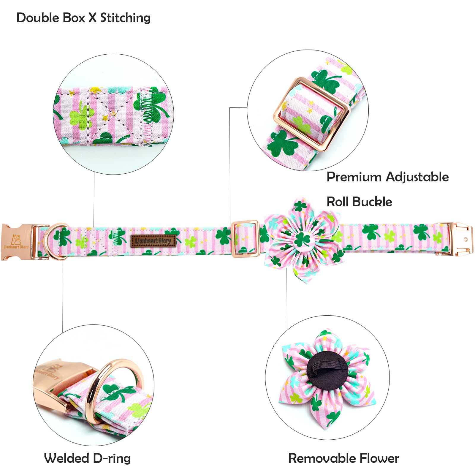 Lionheart Glory St. Patrick'S Day Dog Collar With Flower-Lucky Clover Shamrock Dog Bow For Medium Dogs - Pink Spring Trefoil Dog