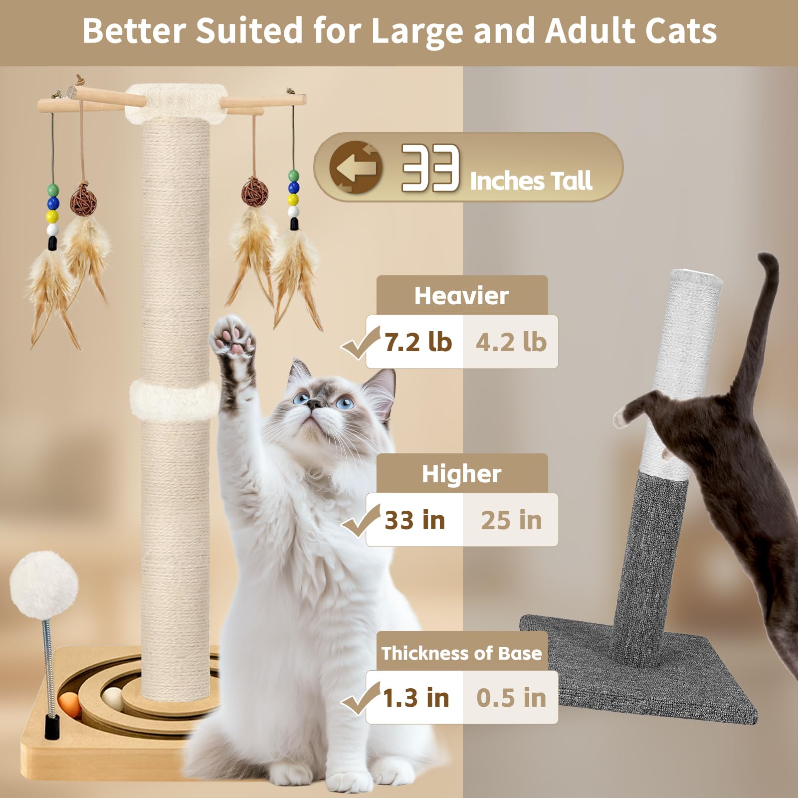 Tall Cat Scratching Post, 33 Inches, Sisal, Interactive Furniture Toys For Indoor Cats Adults, 2 Mounting Methods Large Scratche