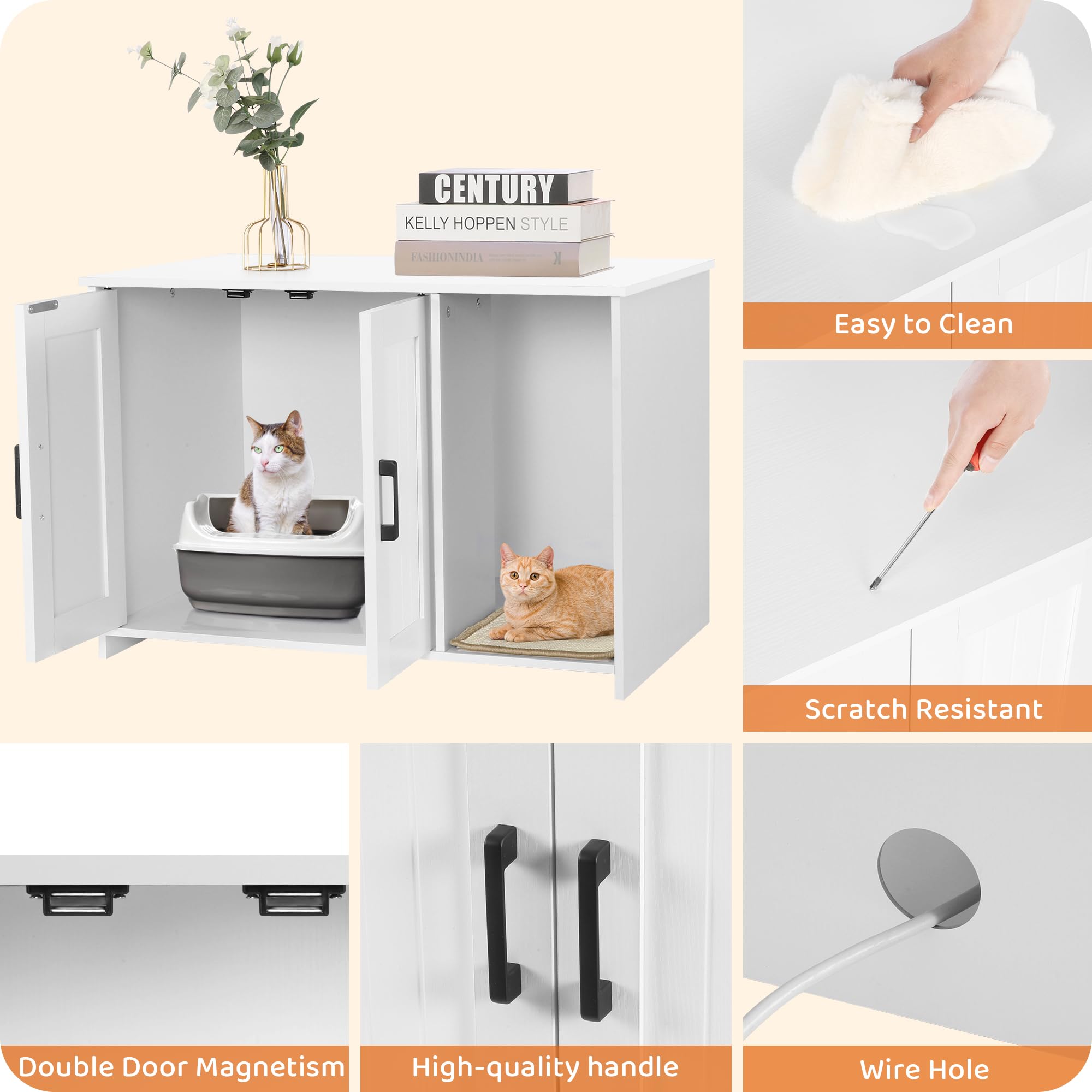 Dwanton Litter Box Enclosure, Cat Litter Box Furniture Hidden, with Scratching Mat, Wooden Cat Washroom Indoor, 31.5 L x 19.7 W