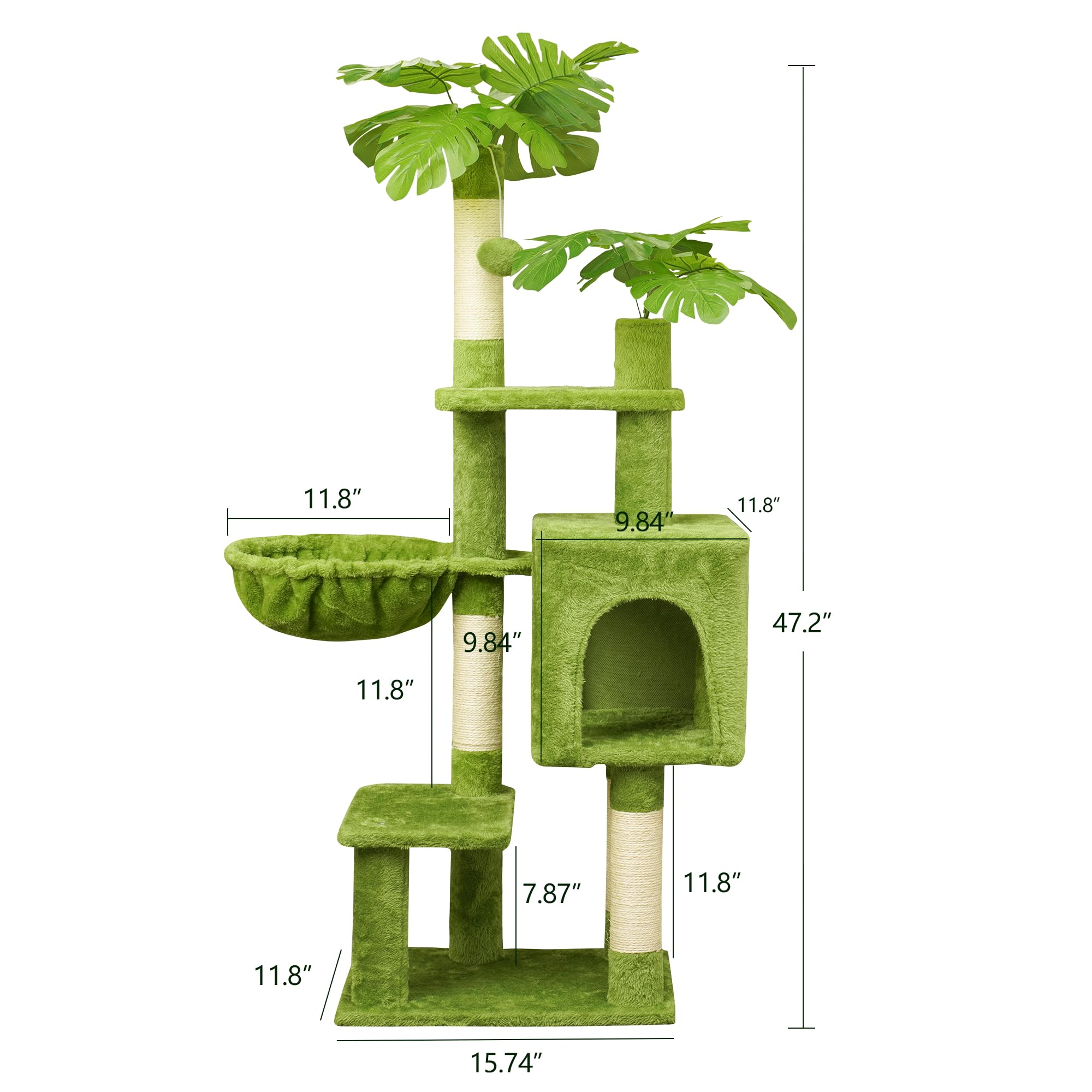 Meecal Green Cat Tree For Kittens Under 6 Months 12Lbs, 47'' Tall For Small Cats,Cat Tower With Scratching Post,1 Hammock & Doub