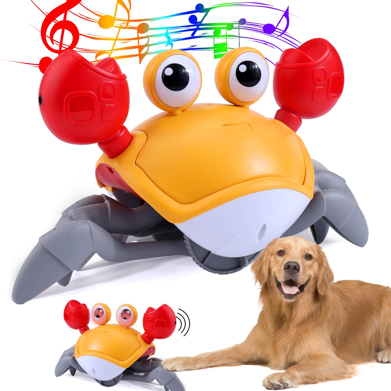 Mity rain Crab Crawling, Escaping Crab Dog Toy with Obstacle Avoidance Sensor, Dancing Crab Toys with Music Sounds & Lights for 