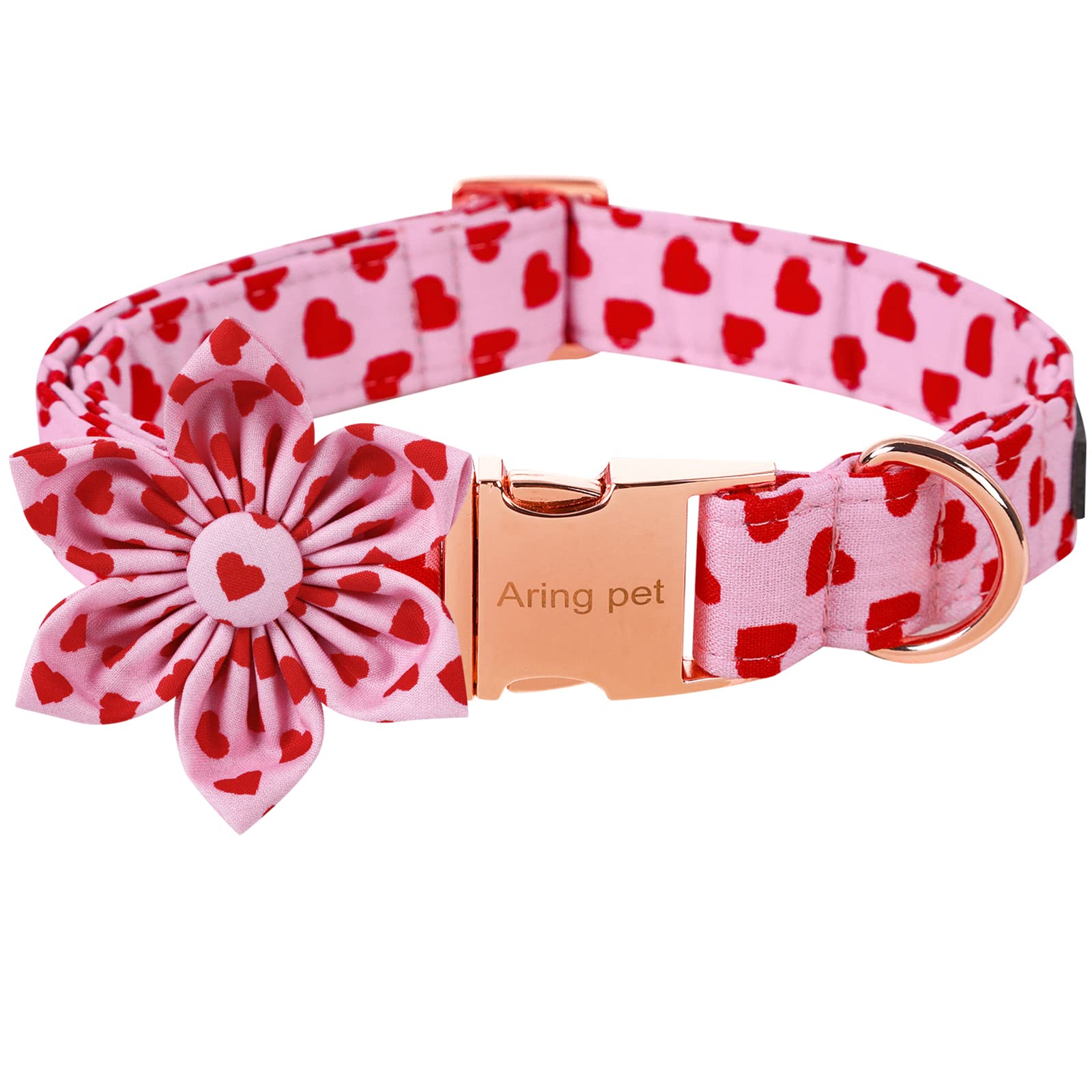 Aring Pet Valentine'S Day Dog Collar-Adorable Pink Heart Dog Collar With Flower, Adjustable Cotton Girl Dog Collars With Metal Buckle