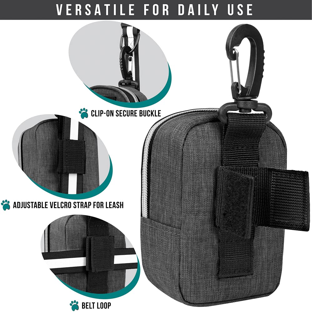 Petami Dog Poop Bag Holder | Dog Waste Bag Dispenser With Clip For Leash And Belt | Portable Fabric Doggy Waste Bag Holder For Walking Hiking Running Travel - With One Roll Of Dog Bag (Charcoal Gray)
