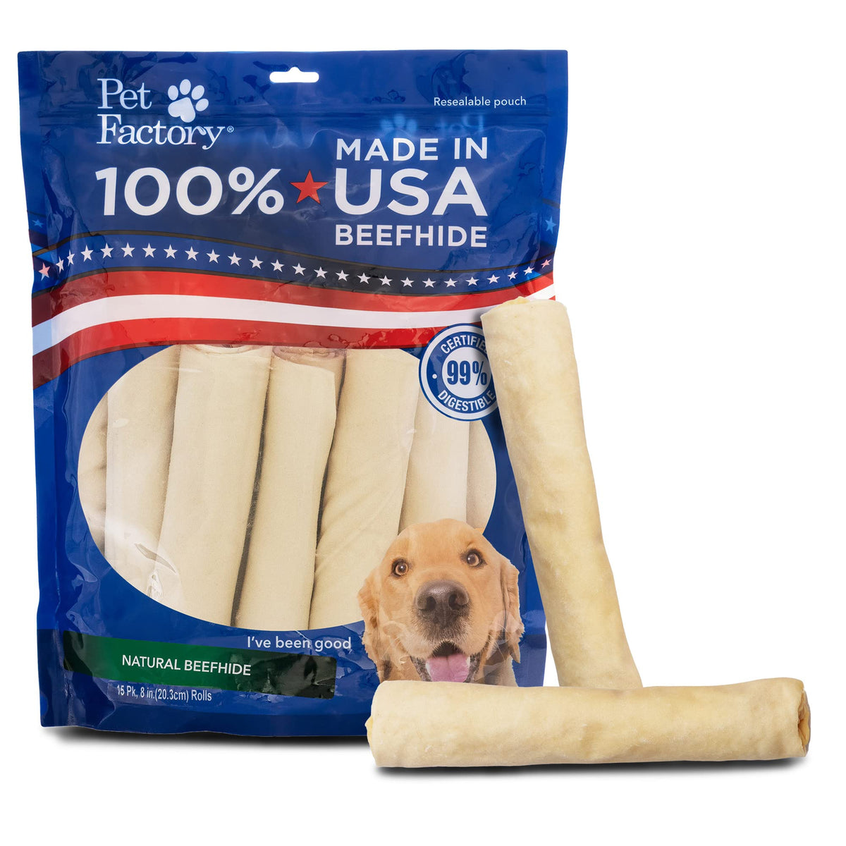 Pet Factory 100% Made In Usa Beefhide 8'' Rolls Dog Chew Treats - Natural Flavor, 15 Count/1 Pack
