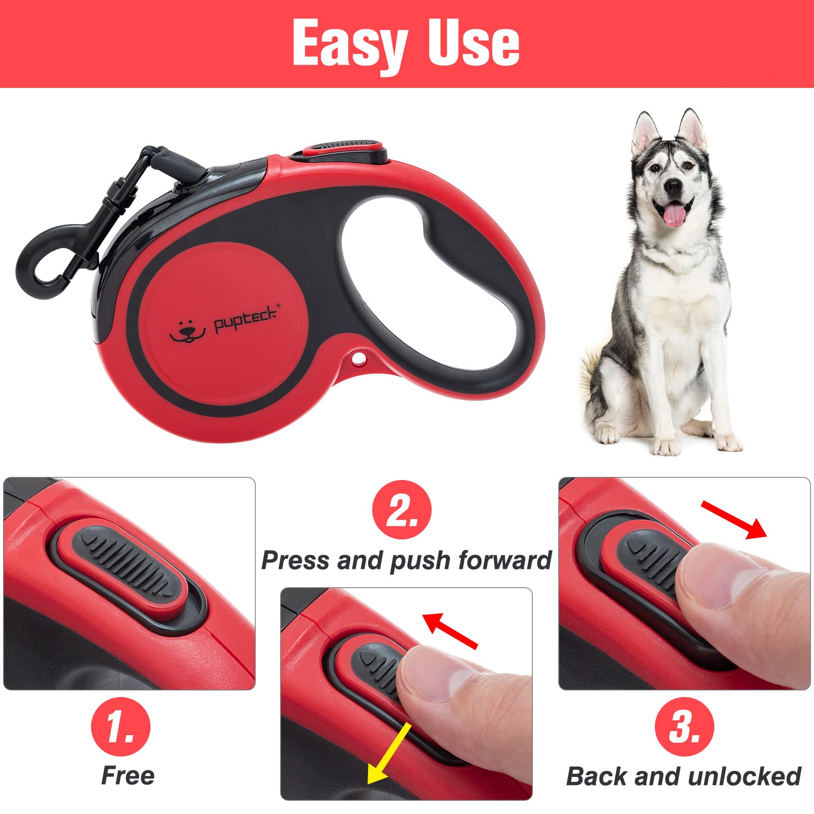 PUPTECK Retractable Dog Leash, 16ft Reflective, Anti-Chewing Steel Wire, Tangle-Free for Small Medium Large Dogs, Red, Heavy Duty 110lbs