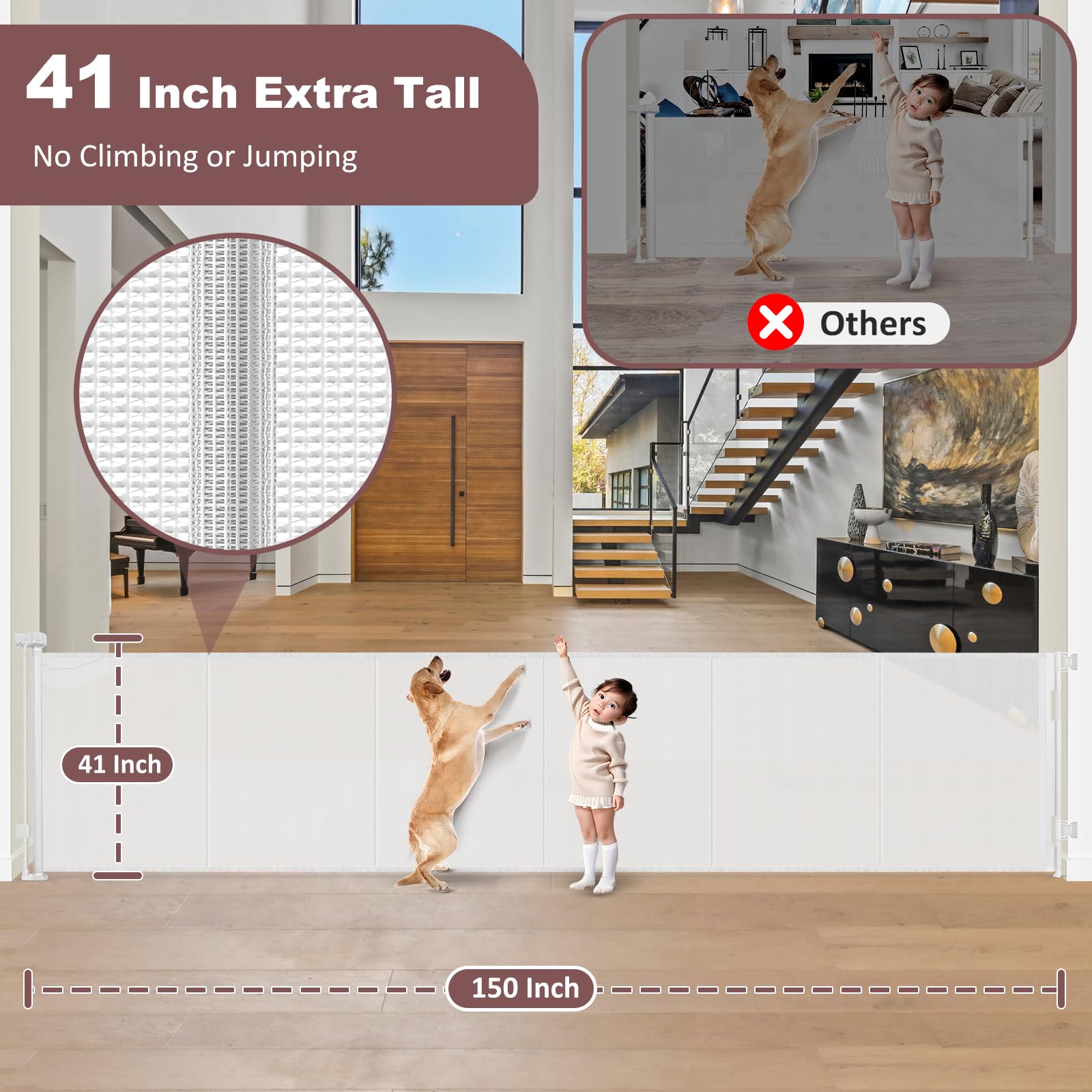Reinforced 41'' Extra Tall Pet Gate 150'' Extra Wide Retractable Baby Gate with Support Rods, Indoor Extra Long Baby Gates for L