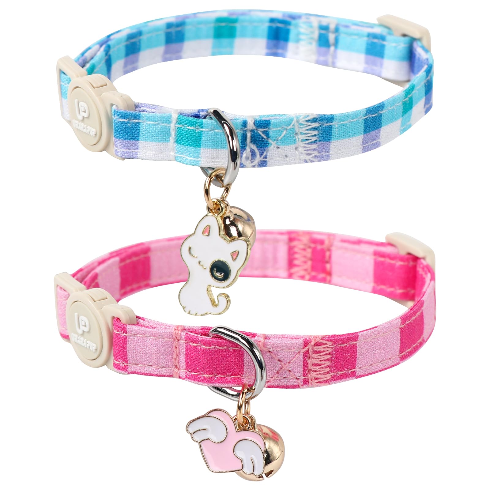 Up Urara Pup Cat Collar, 2Pack Cat Collars Cute Breakaway Kitty Collars, Summer Blue & Pink Grid Cat Collar With Bell, Holiday K