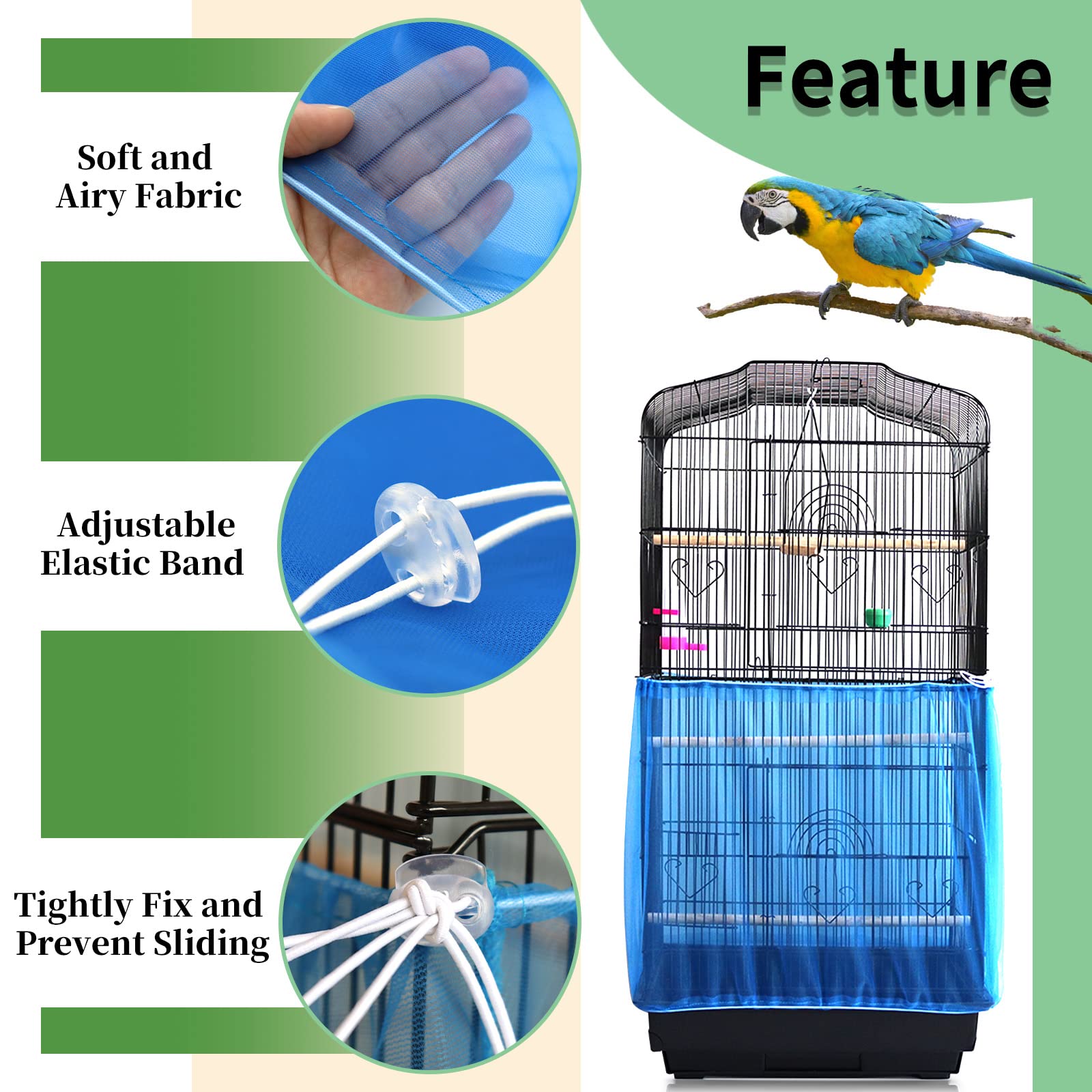 Daoeny 2Pcs Universal Bird Cage Cover, Adjustable Seed Feather Catcher, Soft Airy Nylon Mesh Parrot Net, Birdcage Cover Skirt Sheer Guard For Round Square Cages (Green+ Blue)