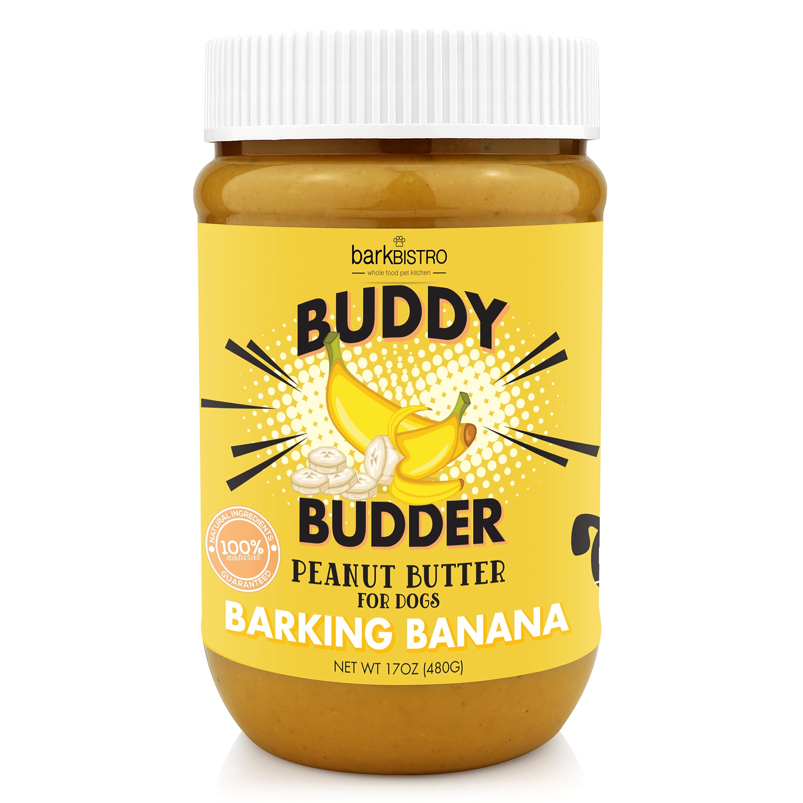 BUDDY BUDDER Barkin Banana, 100% Natural Dog Peanut Butter, Healthy Peanut Butter Dog Treats, Stuff in Toy, Dog Enrichment, Pil